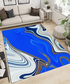 Blue Gold Striped Fluid Art Non-Slip Area Rug for Living Room and Boys Bedroom Decor with Artistic Touch