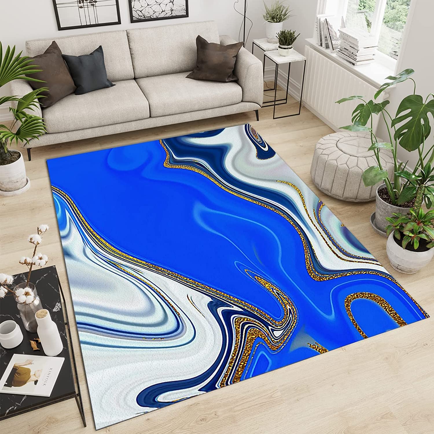 Blue Gold Striped Fluid Art Non-Slip Area Rug for Living Room and Boys Bedroom Decor with Artistic Touch