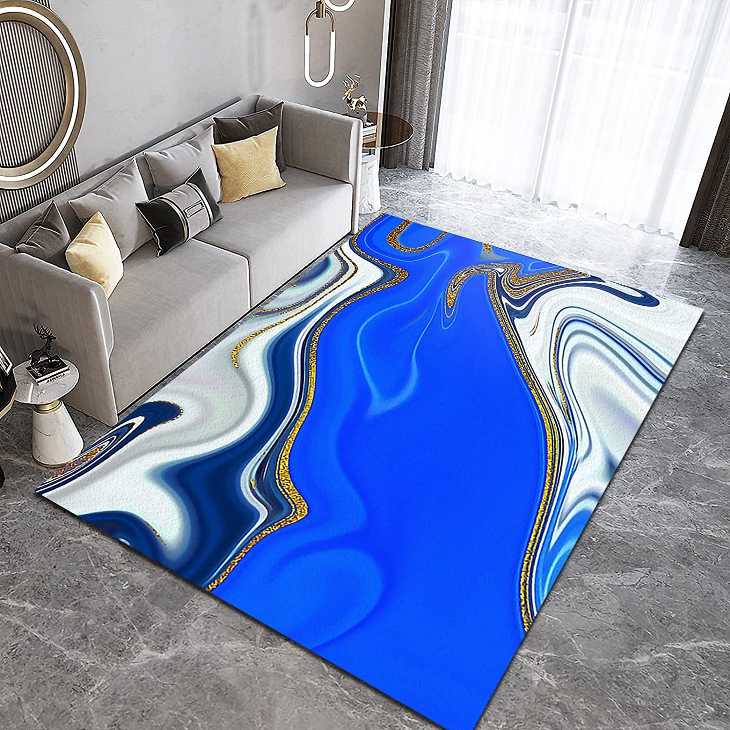 Blue Gold Striped Fluid Art Non-Slip Area Rug for Living Room and Boys Bedroom Decor with Artistic Touch - Image 2