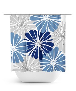 Blue & Gray Floral Shower Curtain, Chic Fabric Bath Curtain for Girls Blue Gray Bathroom Decor