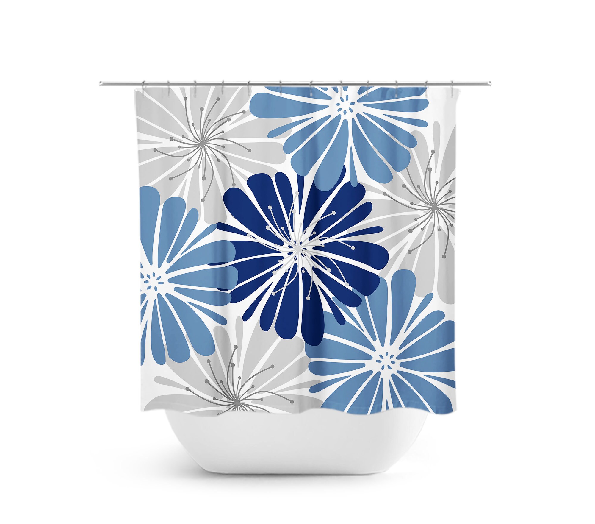 Blue & Gray Floral Shower Curtain, Chic Fabric Bath Curtain for Girls Blue Gray Bathroom Decor