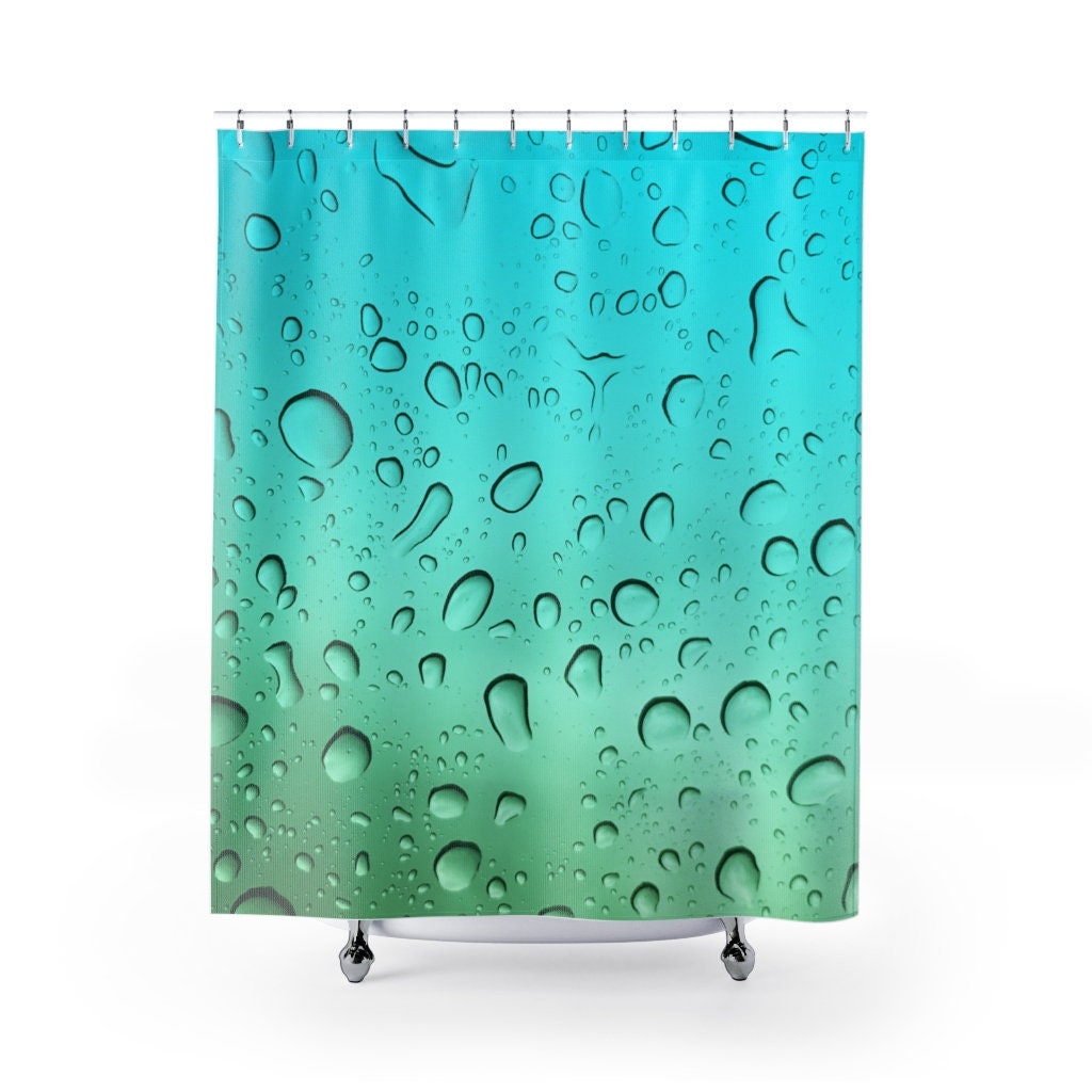 Blue & Green Water Droplets Shower Curtain | Modern Bathroom Decor | Raindrop Design | Unique Shower Curtains