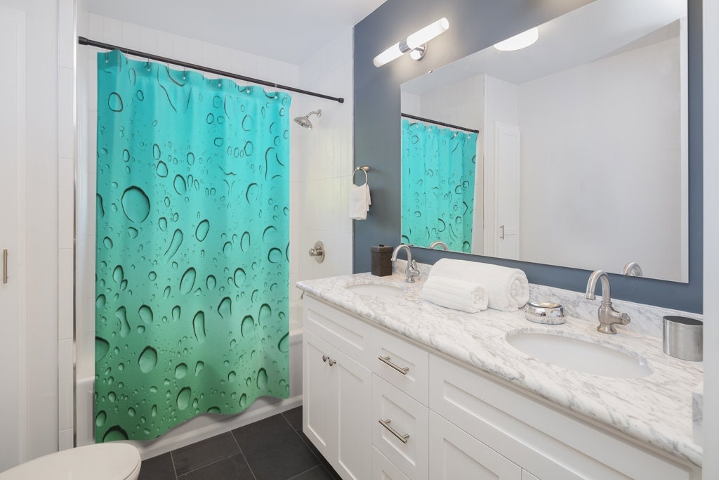 Blue & Green Water Droplets Shower Curtain | Modern Bathroom Decor | Raindrop Design | Unique Shower Curtains - Image 2