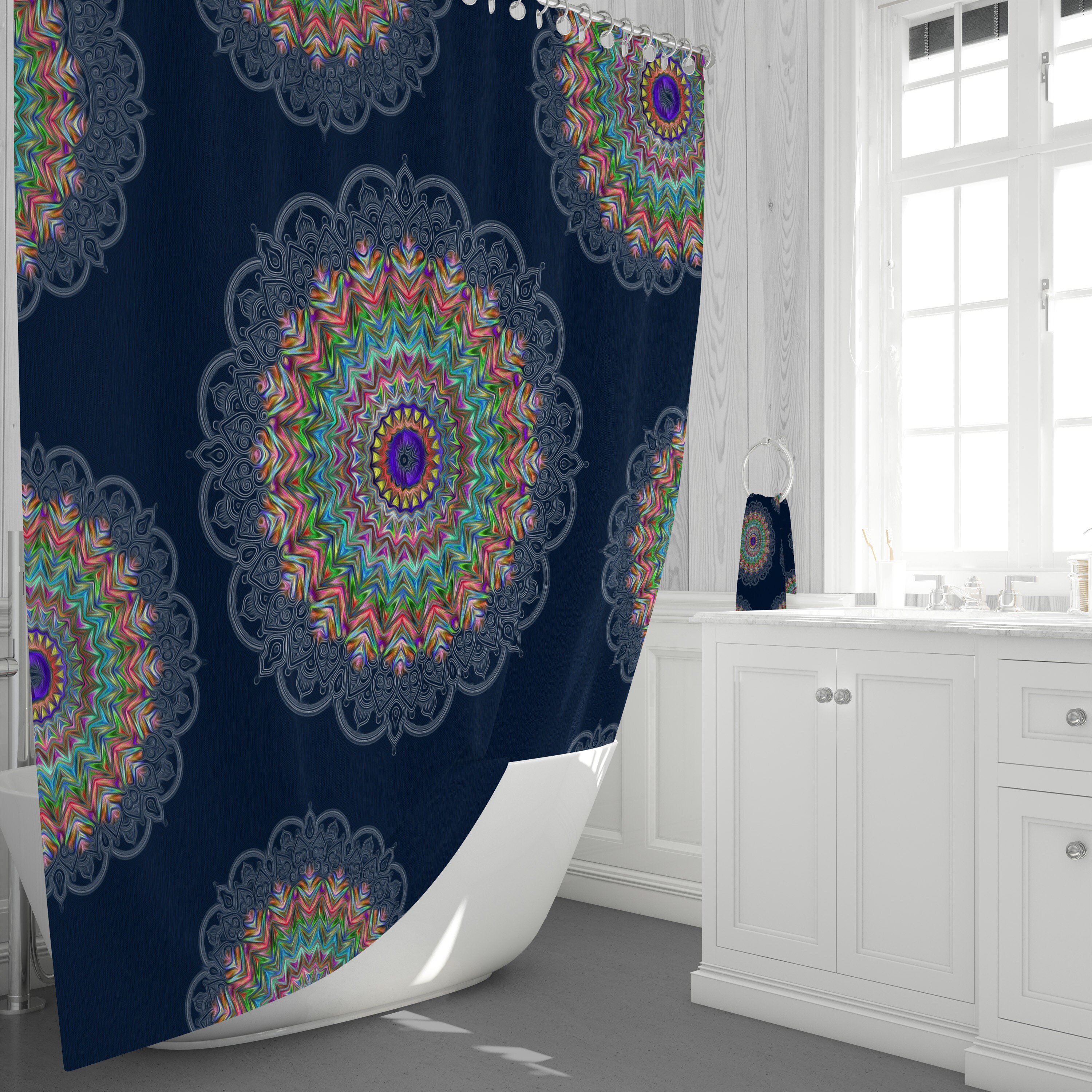 Blue Hippie Mandala Shower Curtain for a Groovy Bathroom Decor - Image 3