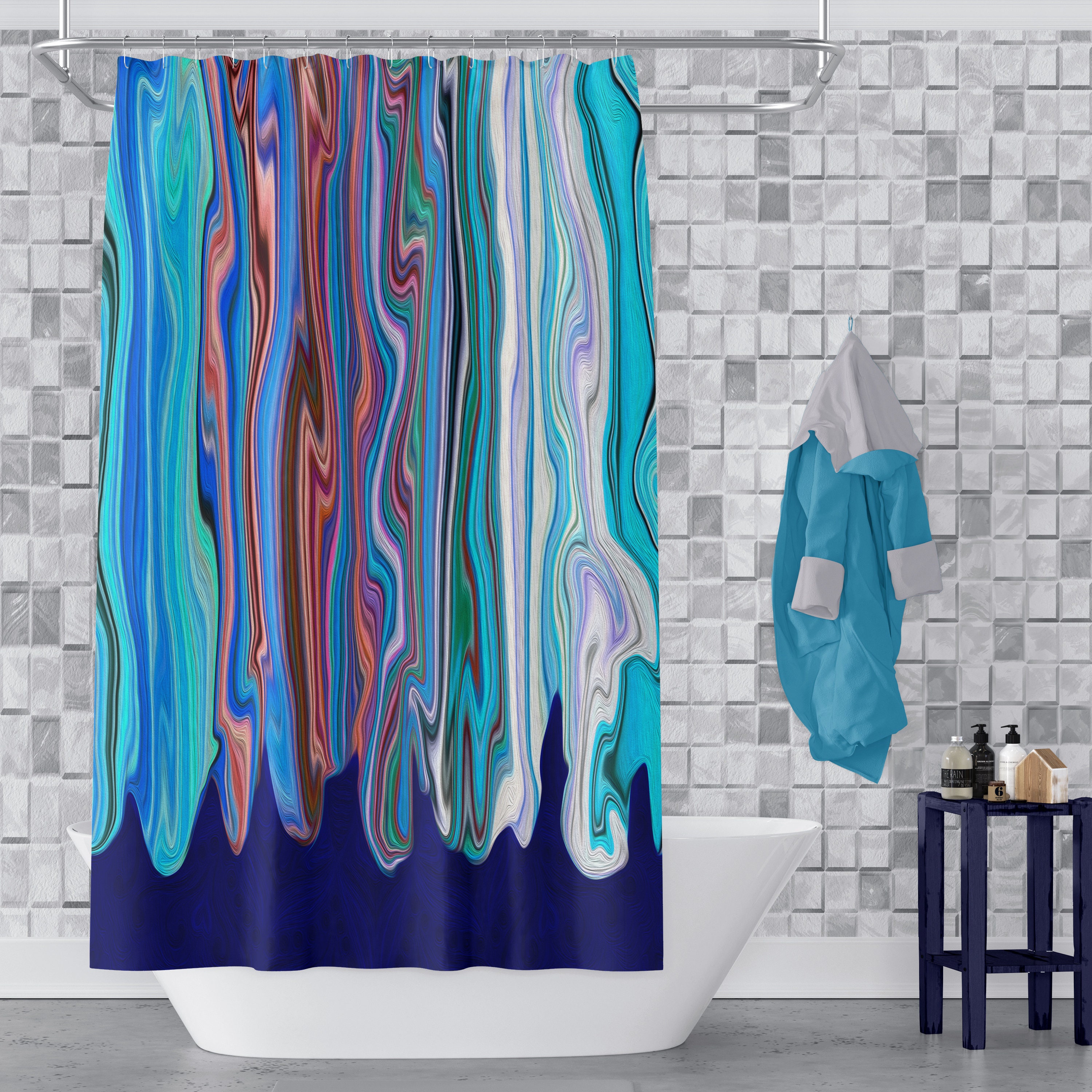 Blue Hippie Swirl Shower Curtain with Unique Boho Bathroom Decor - Image 2