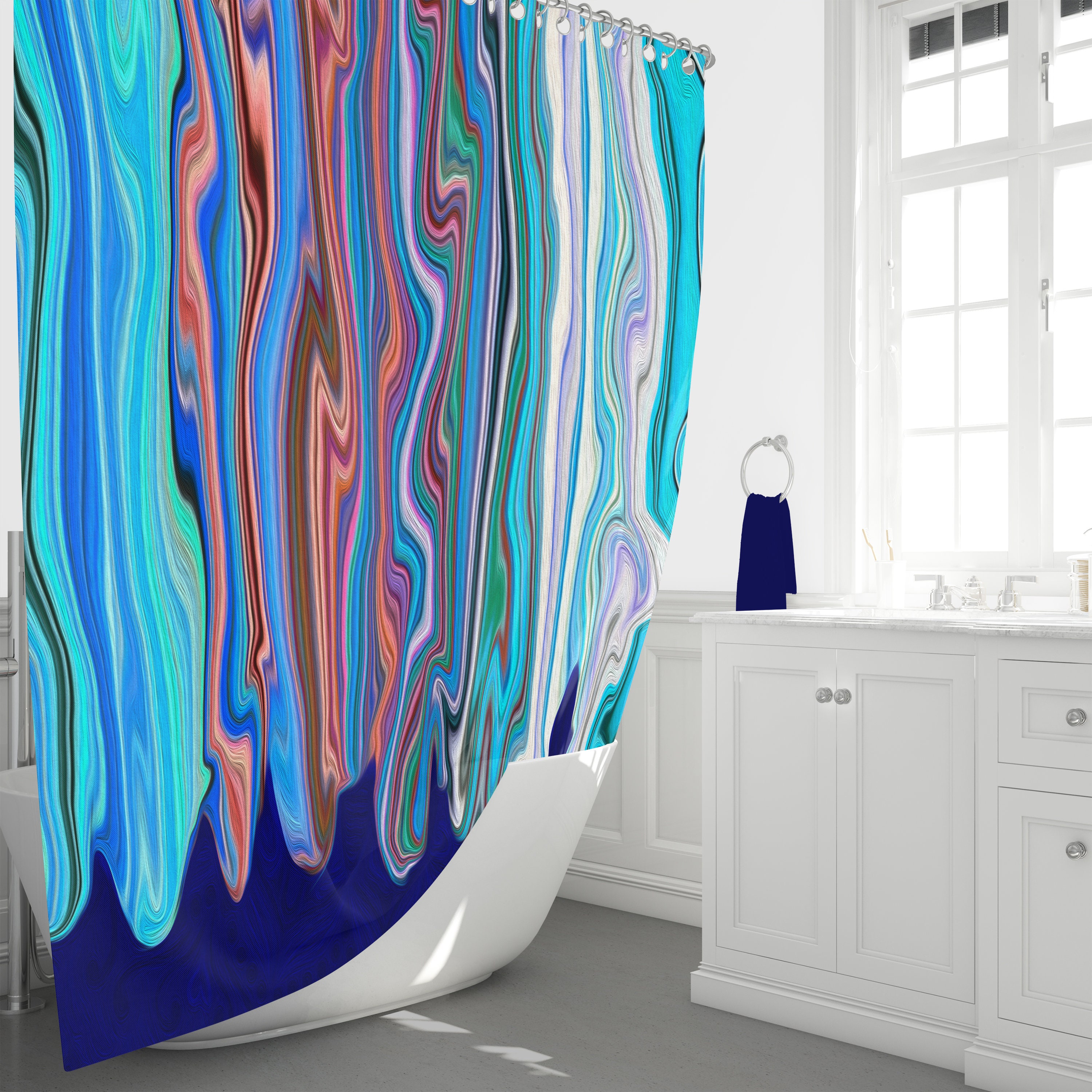 Blue Hippie Swirl Shower Curtain with Unique Boho Bathroom Decor - Image 3