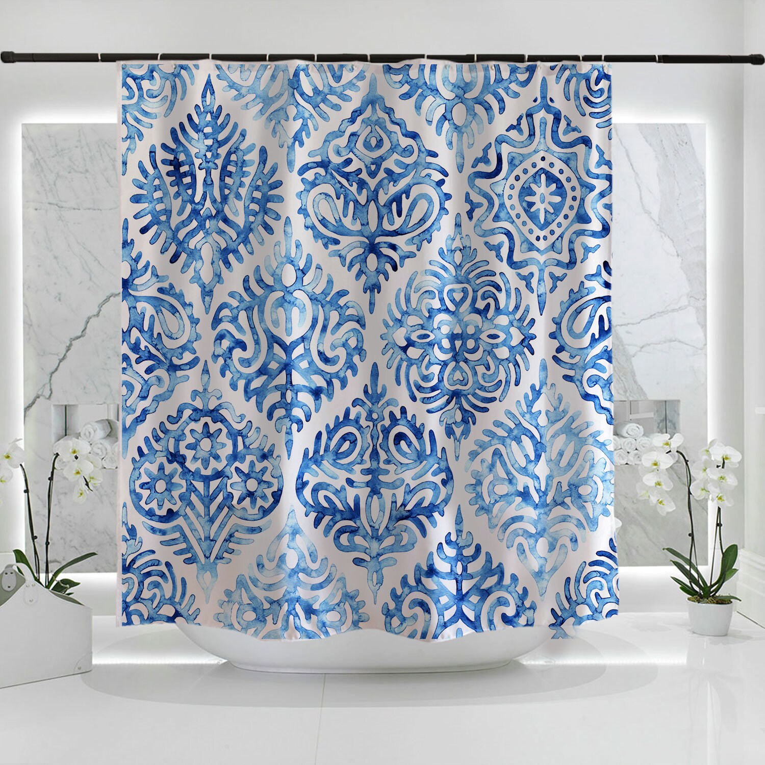 Blue Ink Moroccan Pattern Disney Shower Curtain, Extra Heavy Quality and Hooks Included - Image 2