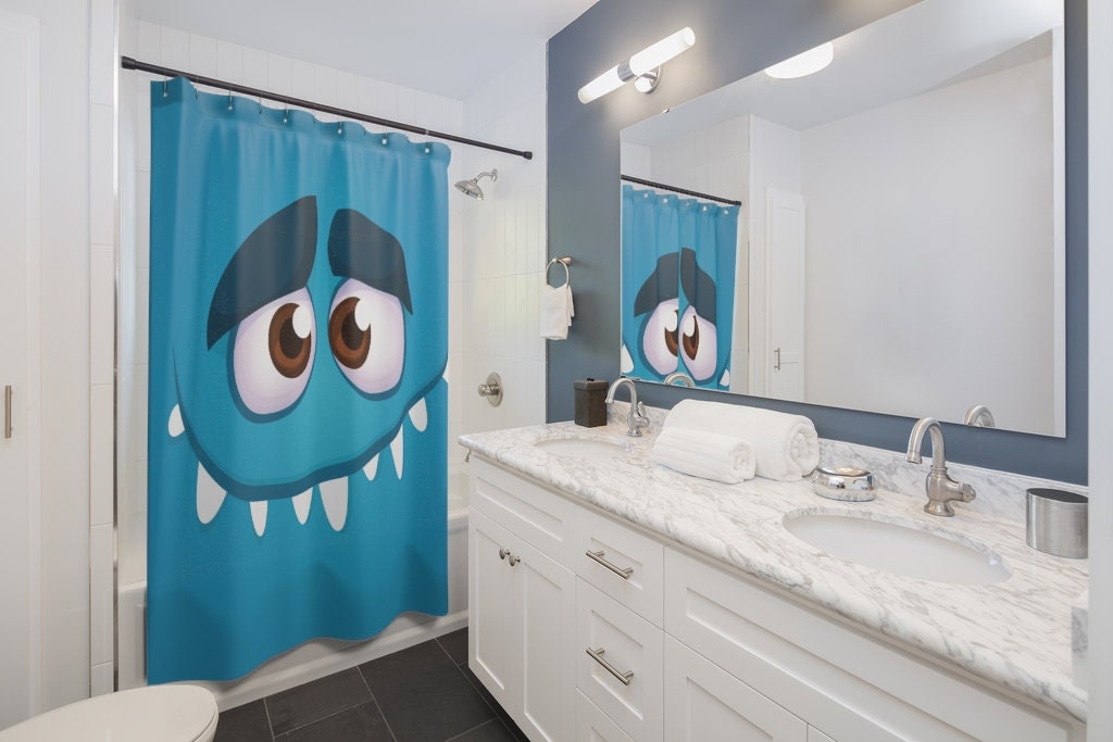 Blue Kids Monster Face Shower Curtain that your children will love - Image 2