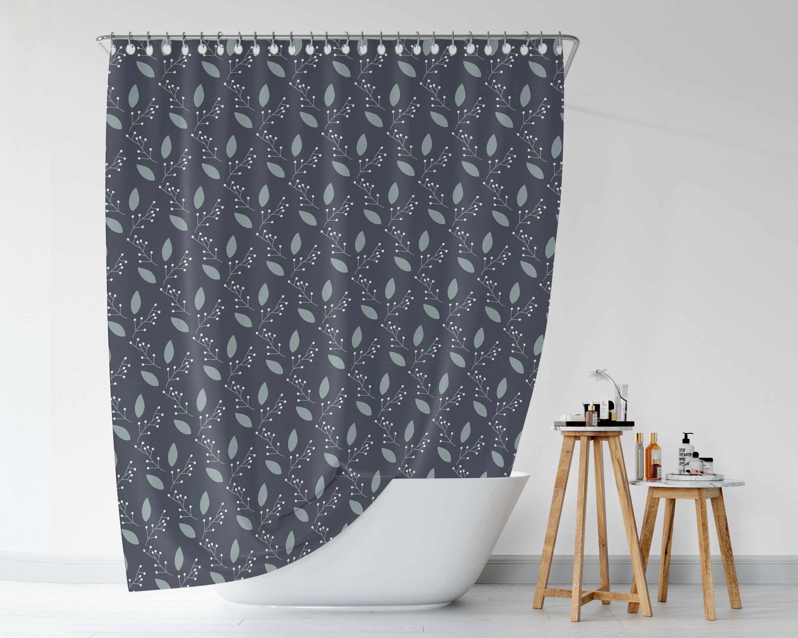 Blue Leaves Nature Shower Curtain, Bohemian Waterproof Durable Bath Curtain, Botanical Flowers Print, Boho Decor