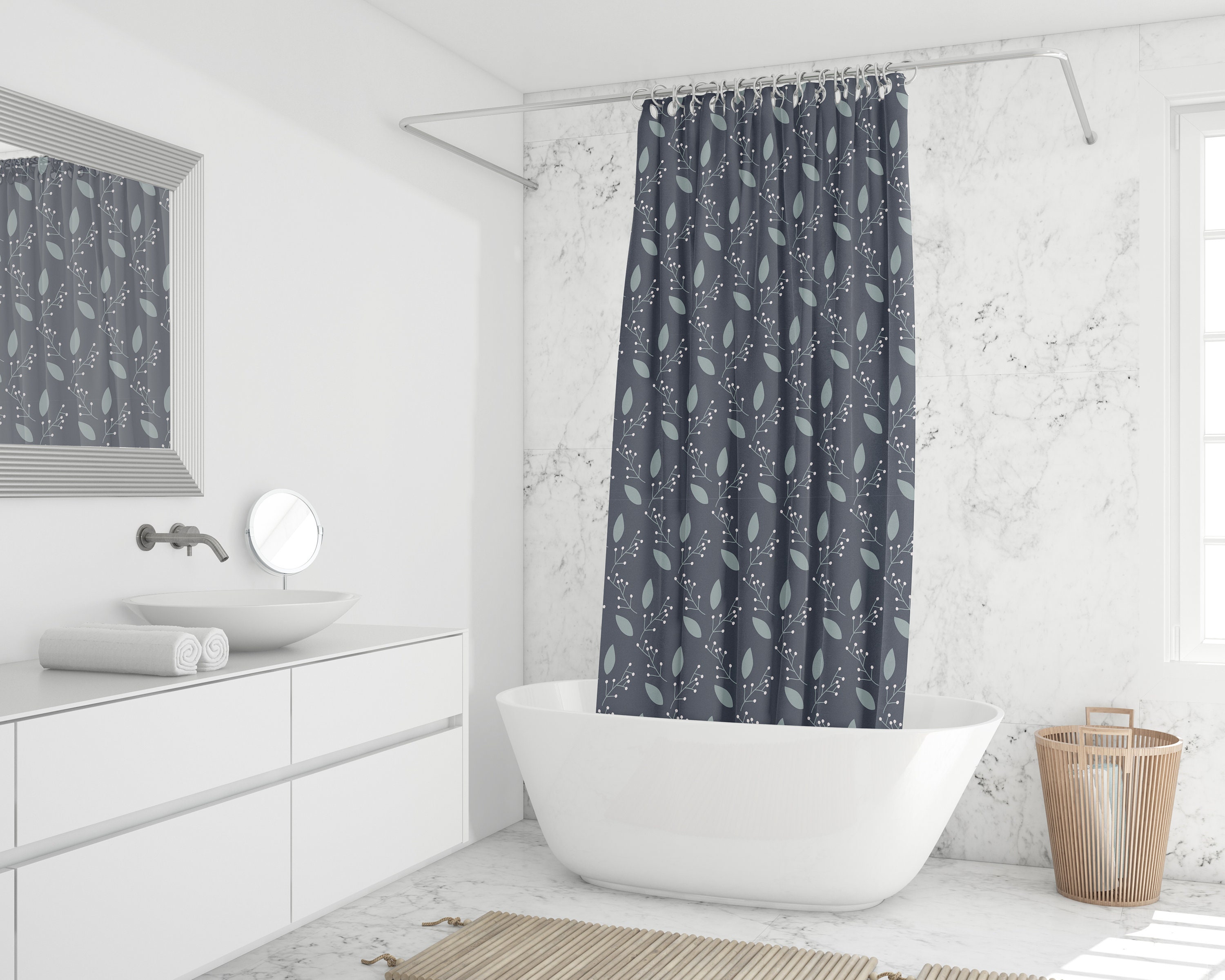 Blue Leaves Nature Shower Curtain, Bohemian Waterproof Durable Bath Curtain, Botanical Flowers Print, Boho Decor - Image 2