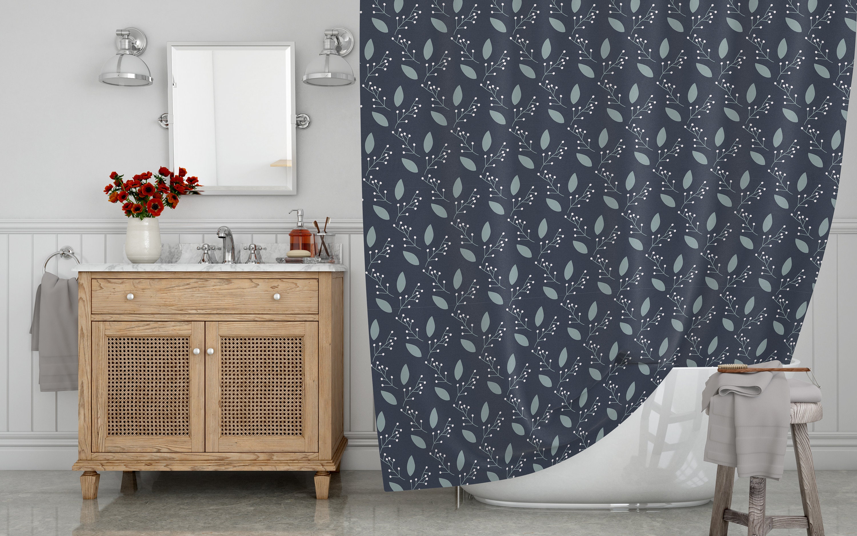 Blue Leaves Nature Shower Curtain, Bohemian Waterproof Durable Bath Curtain, Botanical Flowers Print, Boho Decor - Image 3