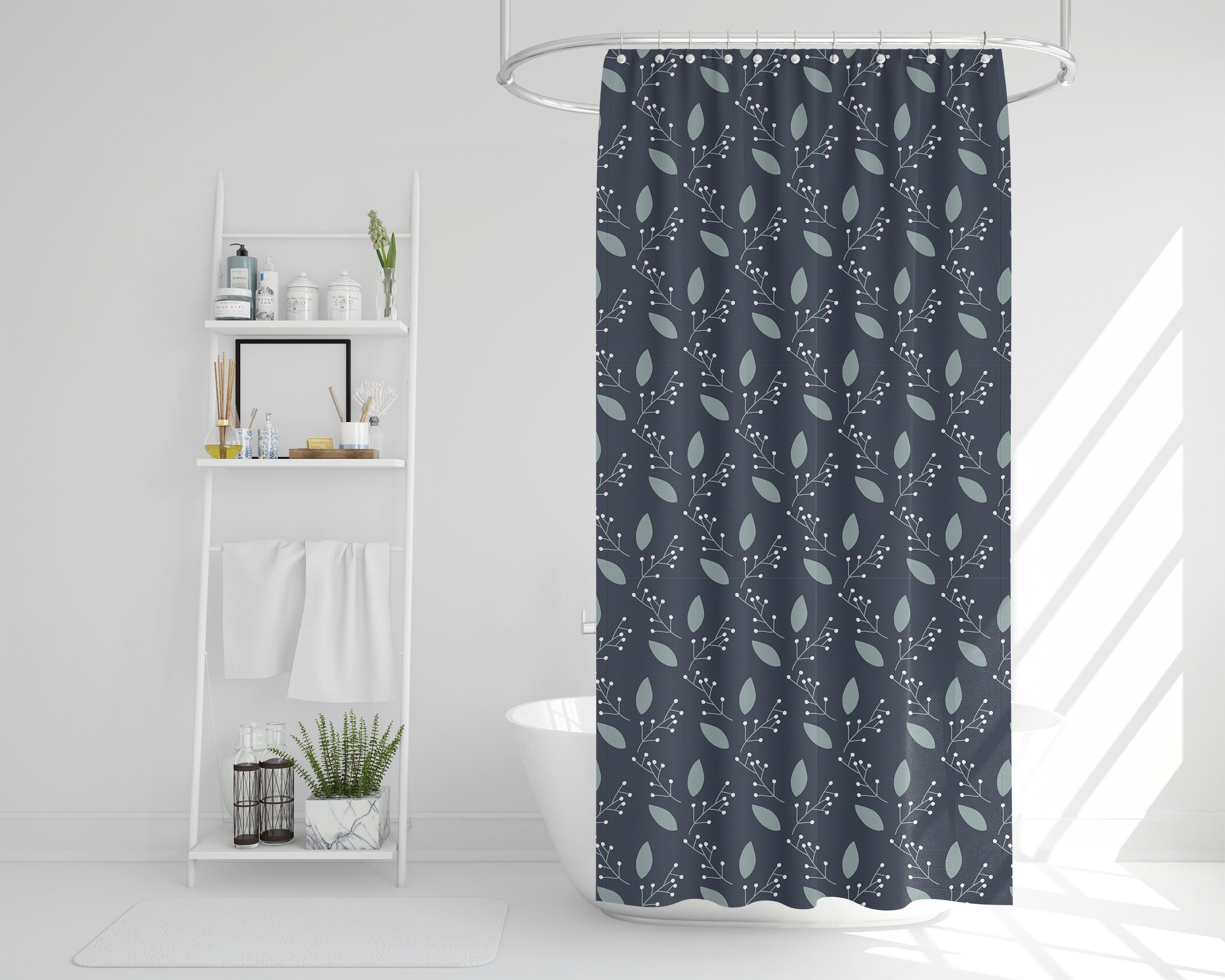 Blue Leaves Nature Shower Curtain, Bohemian Waterproof Durable Bath Curtain, Botanical Flowers Print, Boho Decor - Image 4