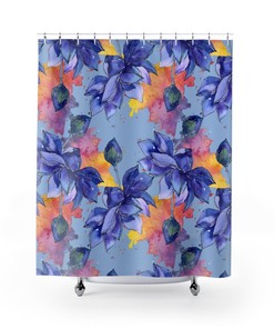 Blue Lotus Flowers Boho Shower Curtain, Fabric Bathroom Print, Floral Bath Curtain, Bohemian Eclectic Bathroom Decor