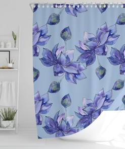 Blue Lotus Flowers Shower Curtain, Elegant Floral Water Lily Bath Decor with Quotes for Teen Bathroom