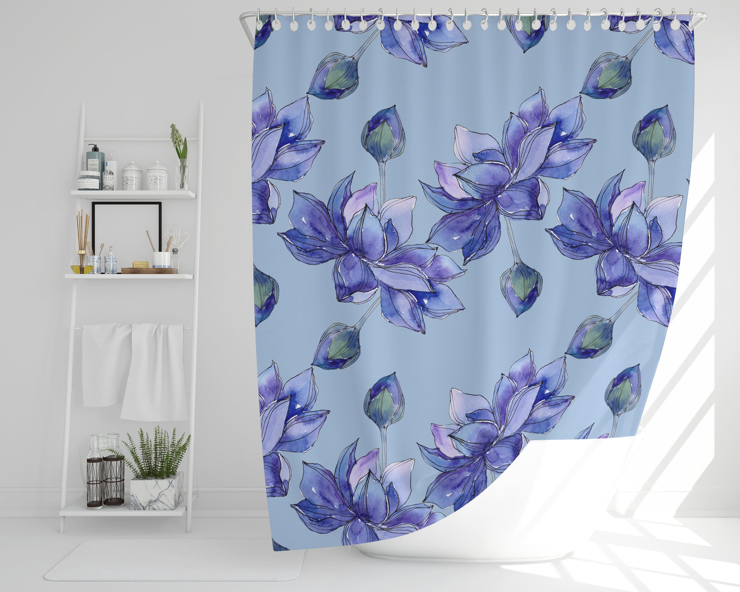 Blue Lotus Flowers Shower Curtain, Elegant Floral Water Lily Bath Decor with Quotes for Teen Bathroom