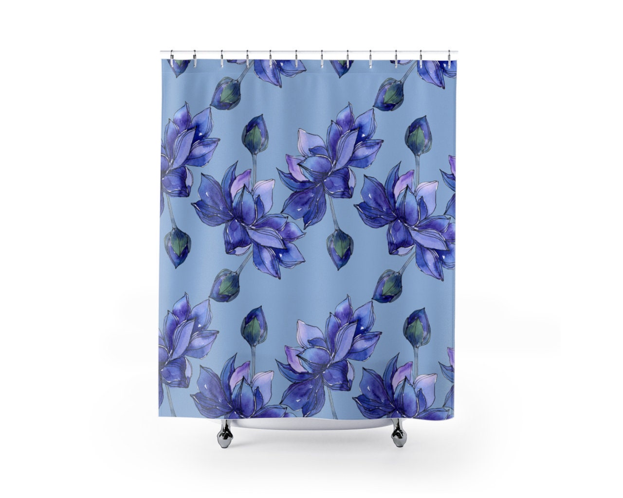 Blue Lotus Flowers Shower Curtain, Elegant Floral Water Lily Bath Decor with Quotes for Teen Bathroom - Image 2