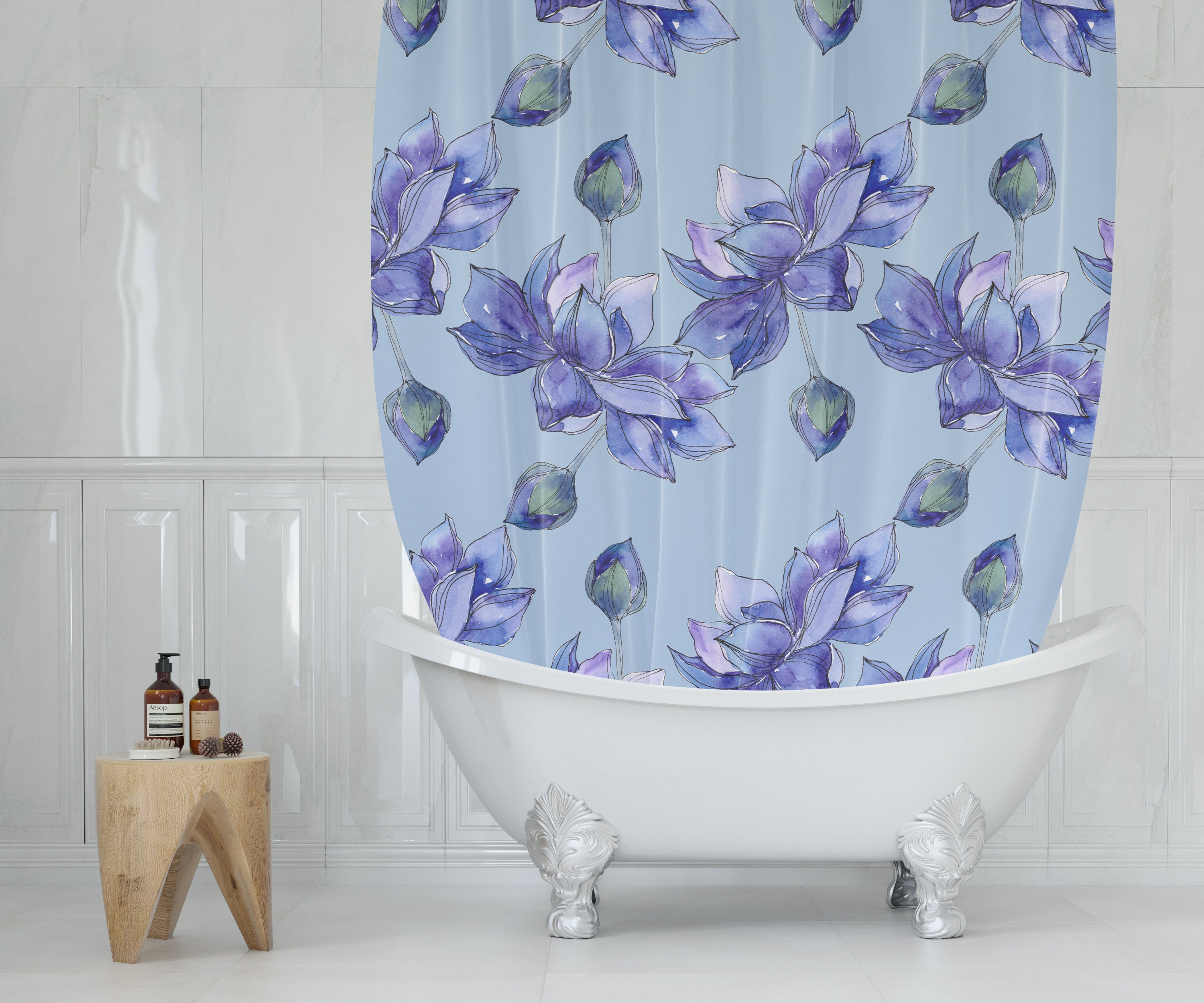 Blue Lotus Flowers Shower Curtain, Elegant Floral Water Lily Bath Decor with Quotes for Teen Bathroom - Image 3