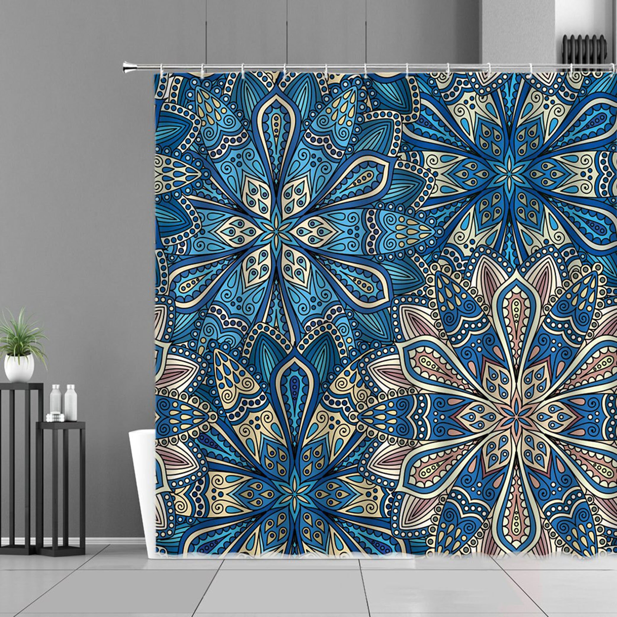 Blue Mandala Shower Curtain | Flowers Geometric Design Bathroom Set | Home Bathroom Decor Accessories