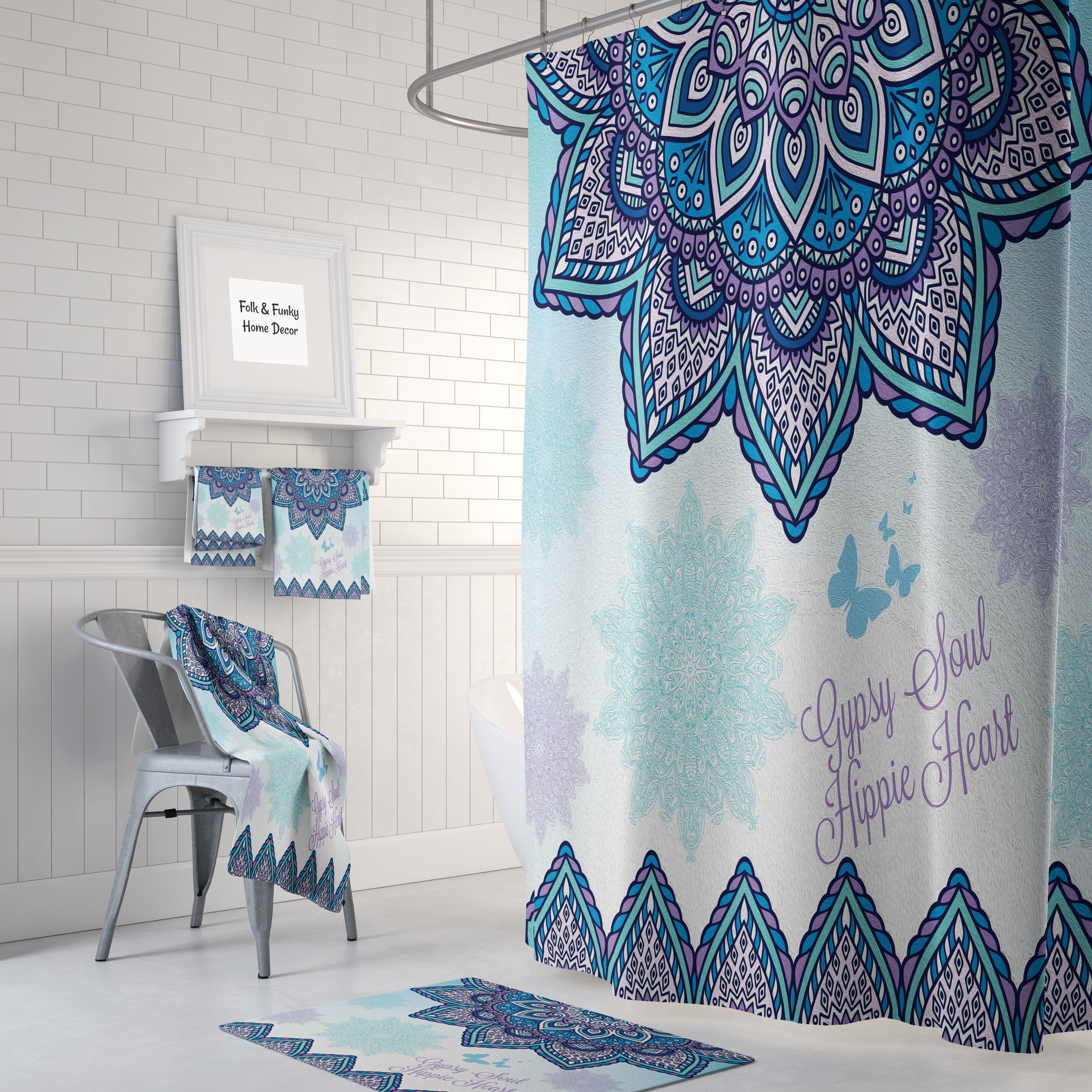 Blue Mandala Shower Curtain Set with Bohemian Bathroom Decor