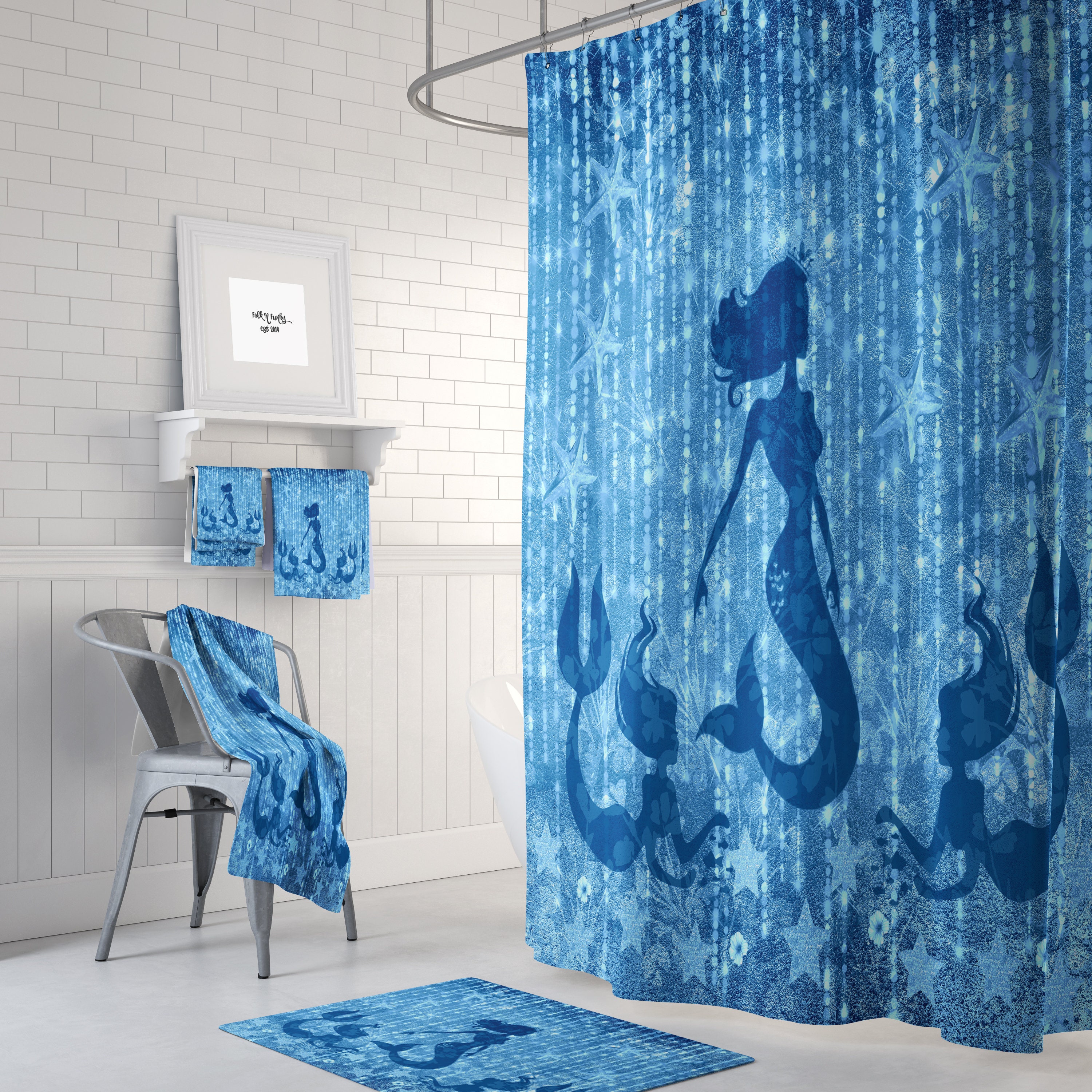 Blue Mermaid Shower Curtain with Bath Set, Create a Calming Ocean Atmosphere in Your Bathroom