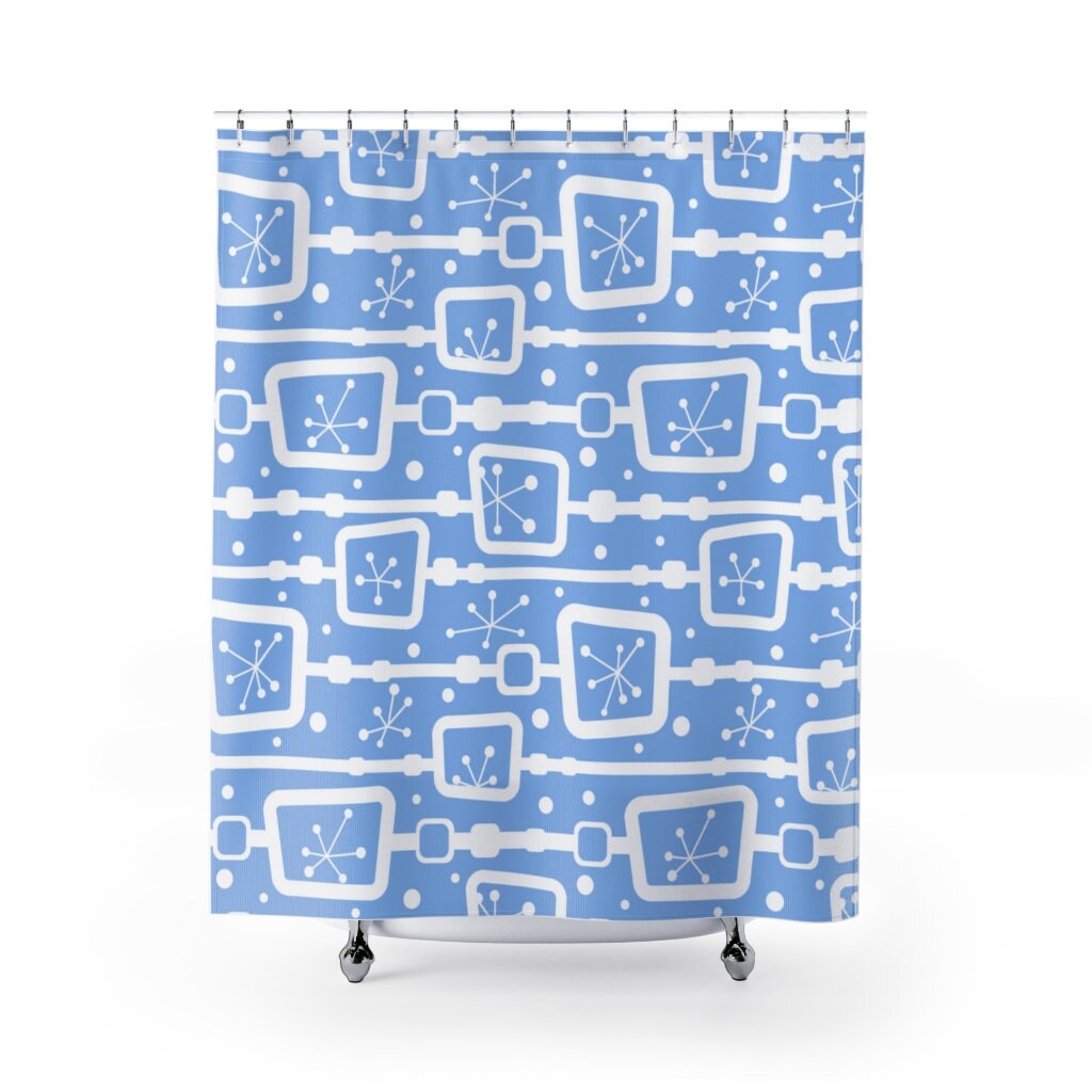 Blue Mid Century Modern Shower Curtain | Retro Vintage Bathroom Decor MCM Style | Apartment Bathroom