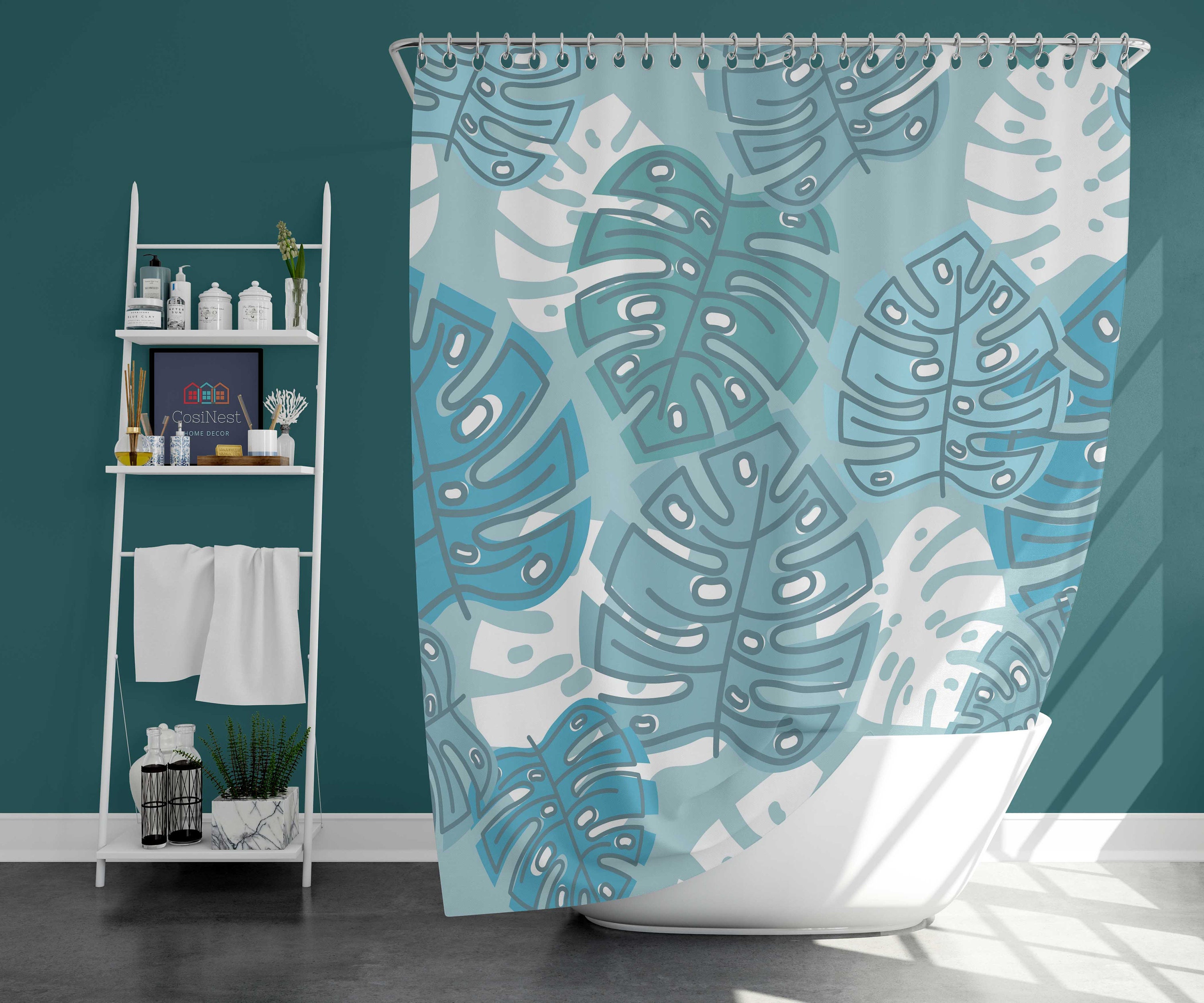 Blue Monstera Leaf Shower Curtain | Botanical Tropical Plant | Home Bathroom Decor | Nature Theme | House Warming Gift