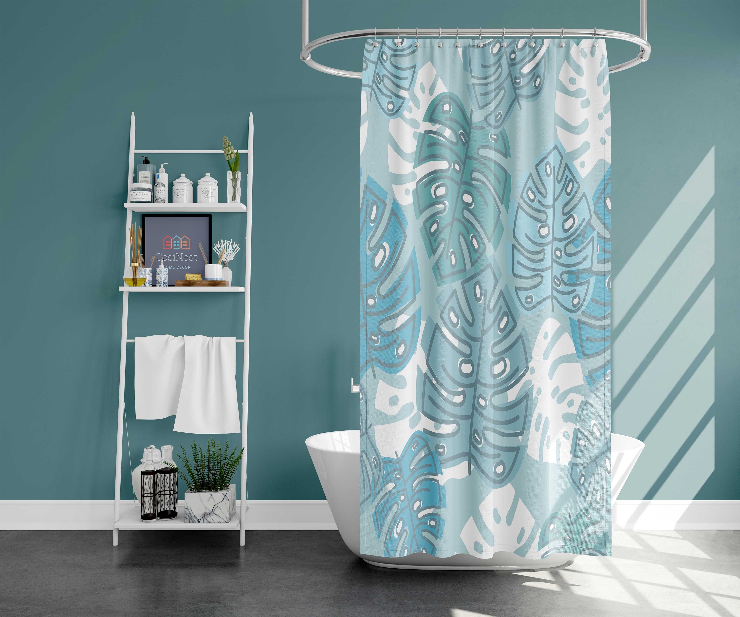 Blue Monstera Leaf Shower Curtain | Botanical Tropical Plant | Home Bathroom Decor | Nature Theme | House Warming Gift - Image 2