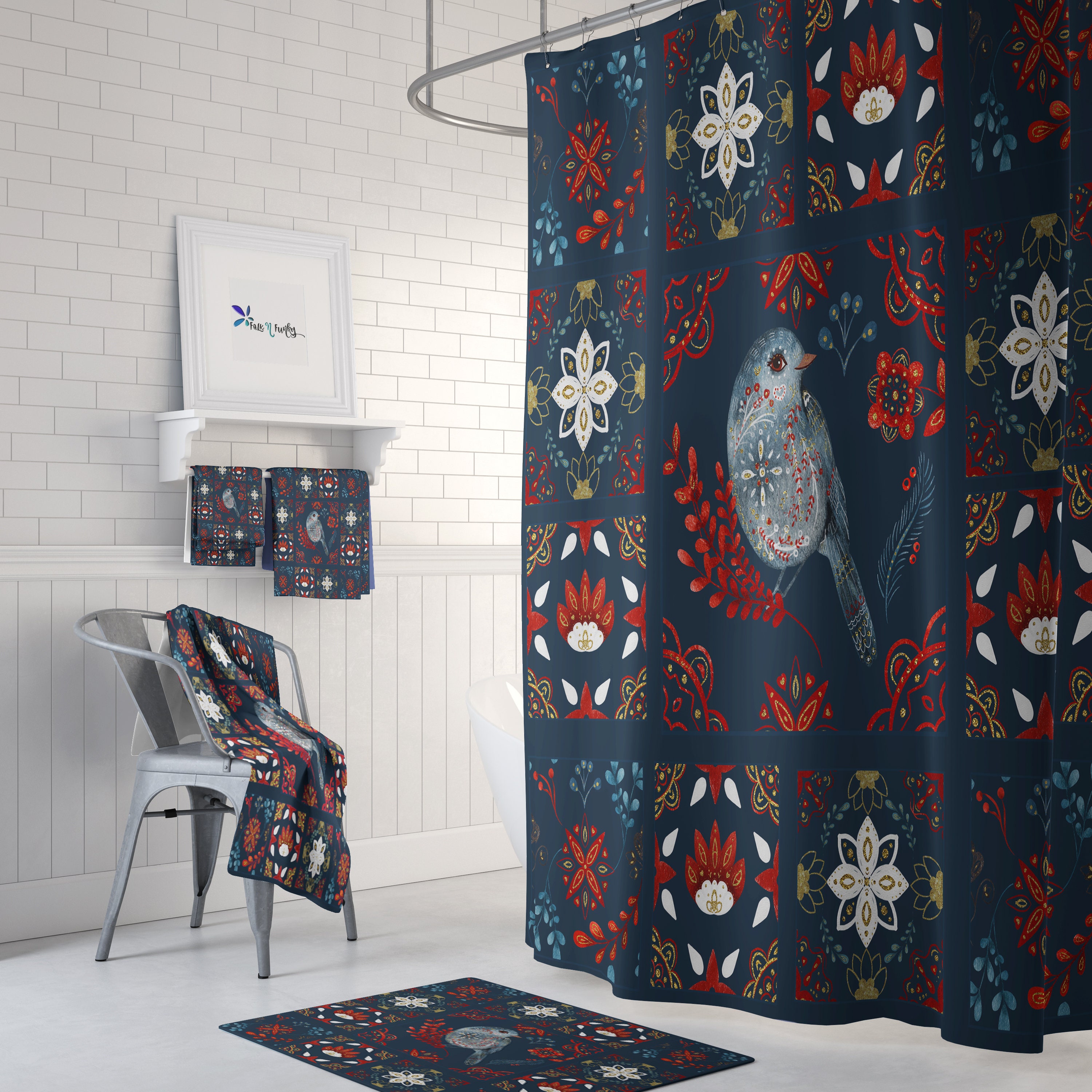 Blue Nordic Quilt Shower Curtain Optional Bathroom Set with Bird Navy Blue accents