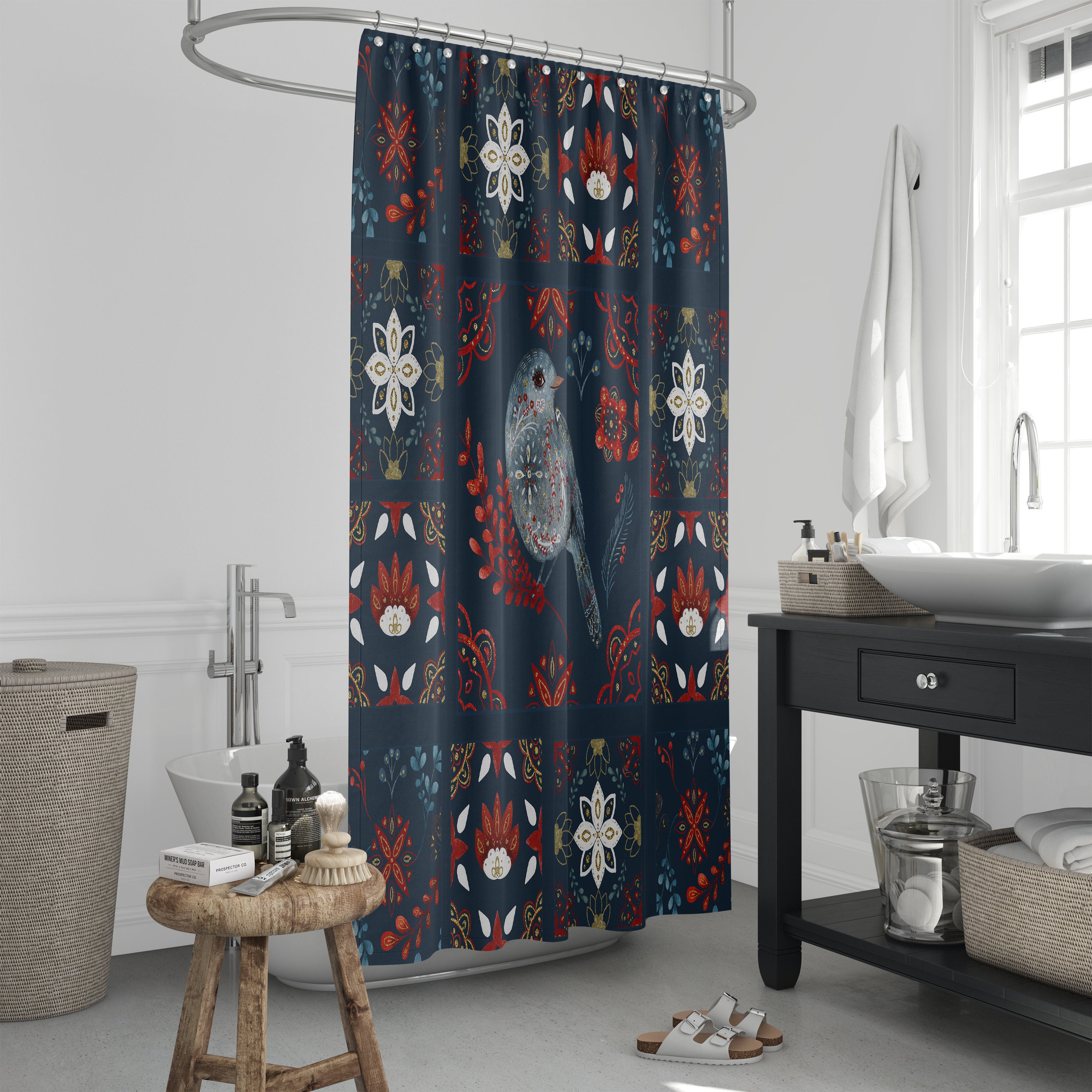 Blue Nordic Quilt Shower Curtain Optional Bathroom Set with Bird Navy Blue accents - Image 2