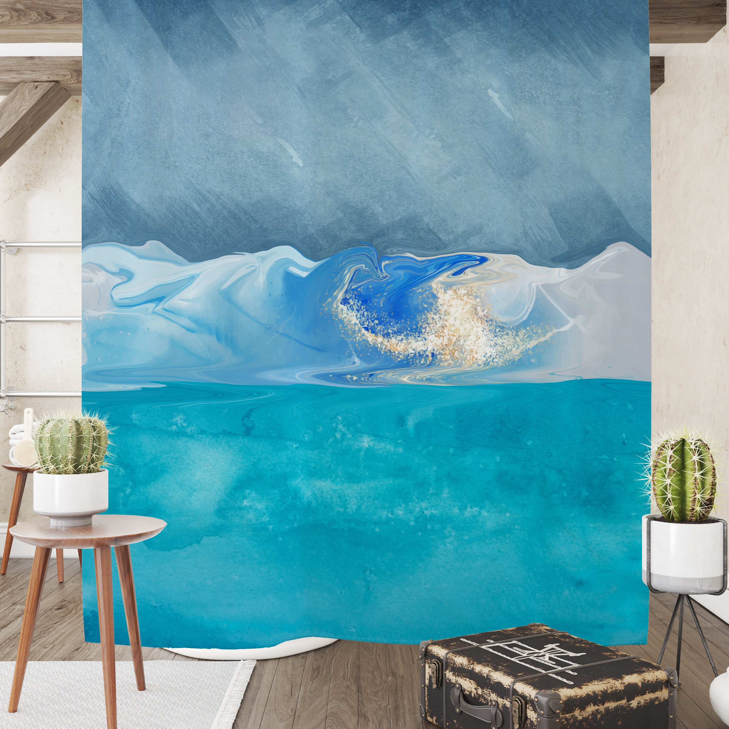 Blue Ocean Abstract Shower Curtain in Perfect Blend with Neutral and Minimalist Bathroom Decor