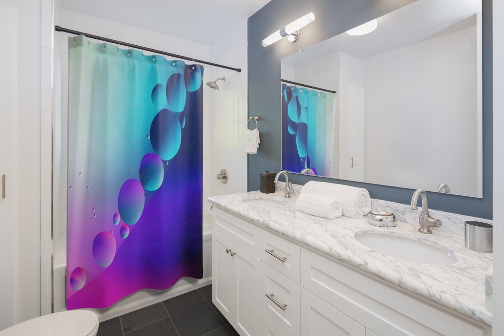 Blue Ombre Water Droplets Shower Curtain | Modern Bathroom Decor | Raindrop Design | Luxury Shower Curtains - Image 2