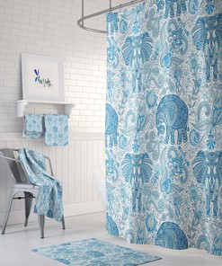 Blue Paisley Elephant Shower Curtain with Add-On Bath Mat and Towels for Boho Bathroom Decor