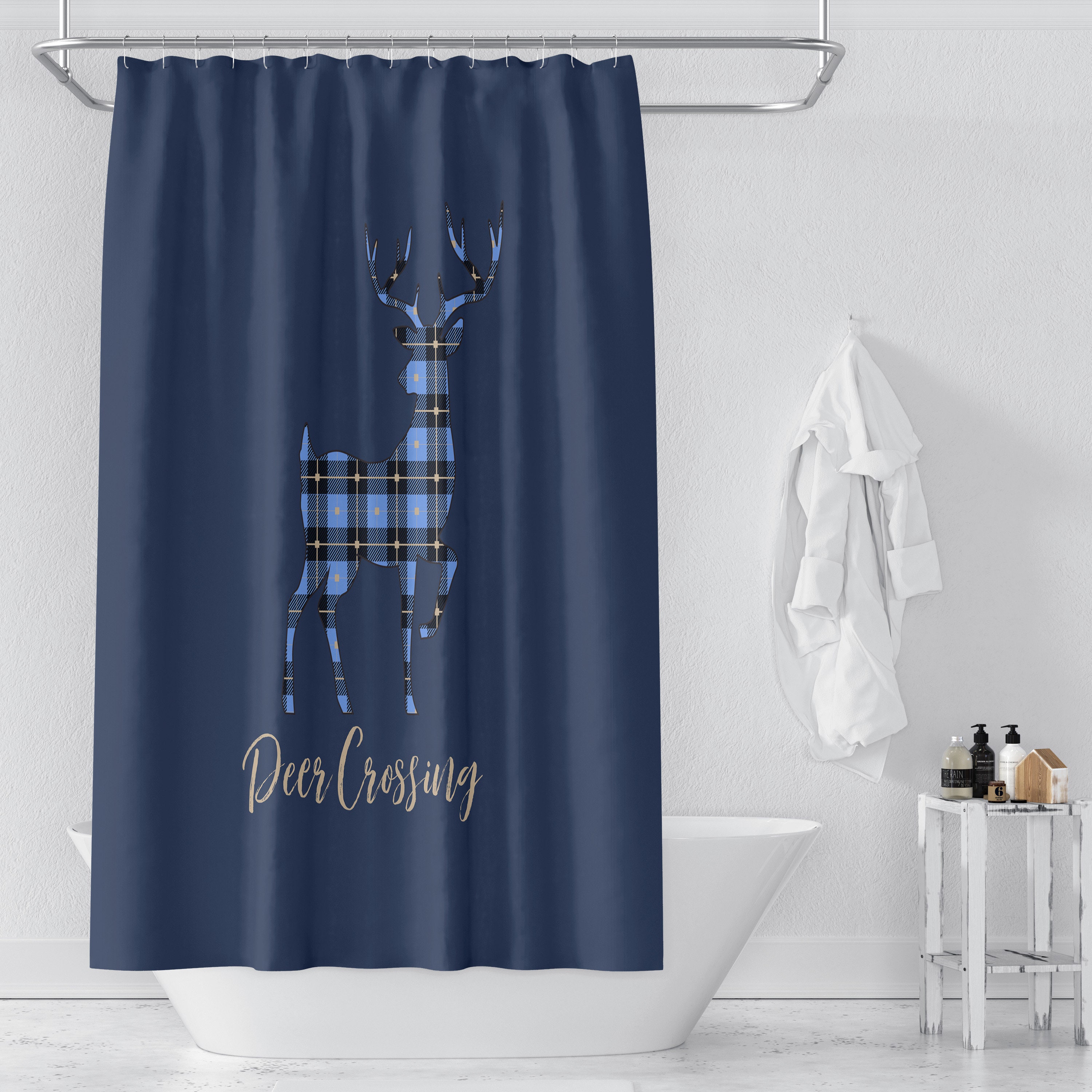 Blue Plaid Deer Shower Curtain with Rustic Bath Set - Image 2