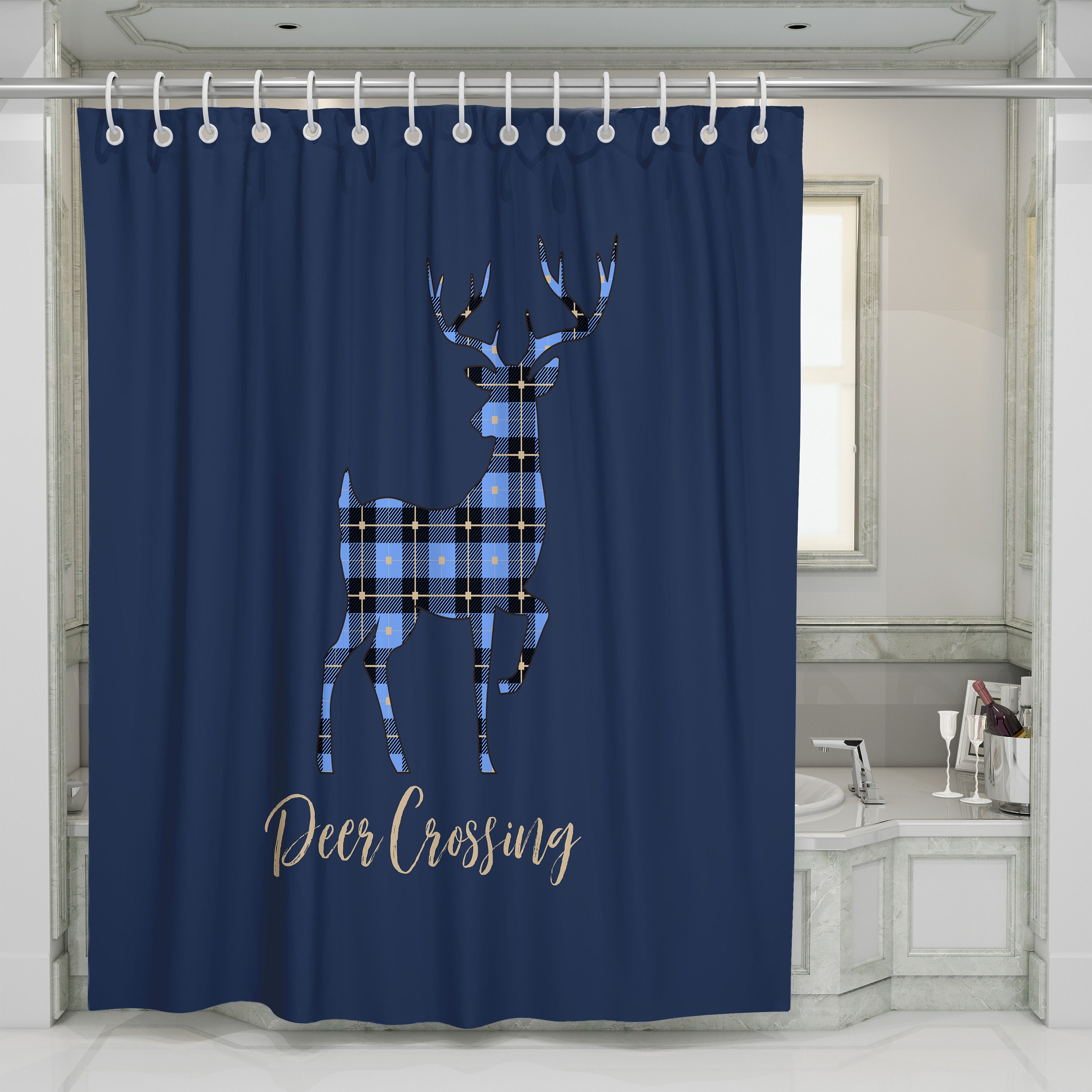 Blue Plaid Deer Shower Curtain with Rustic Bath Set - Image 3