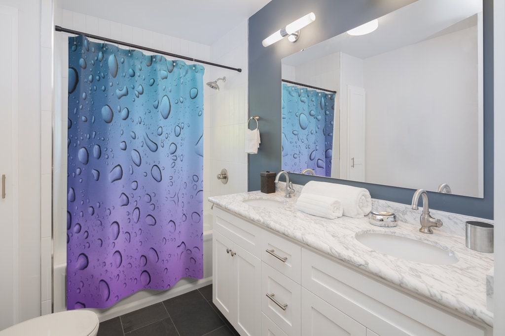 Blue & Purple Ombre Water Droplets Shower Curtain | Modern Bathroom Decor | Raindrop Design | Unique Shower Curtains - Image 2