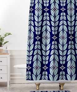 Blue Retro Mid Century Shower Curtain, Geometric Design, Fabric Bathroom Decor