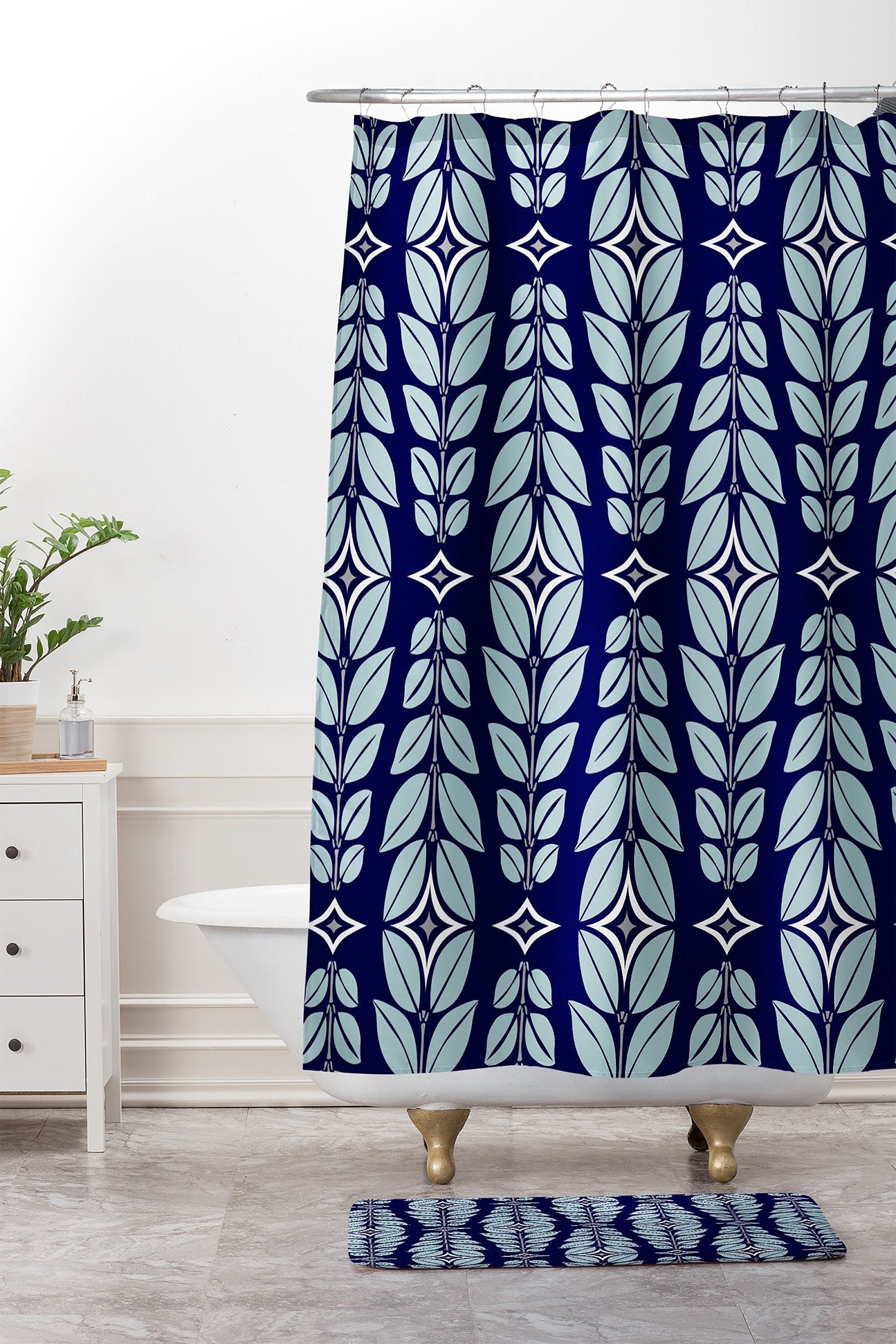 Blue Retro Mid Century Shower Curtain, Geometric Design, Fabric Bathroom Decor