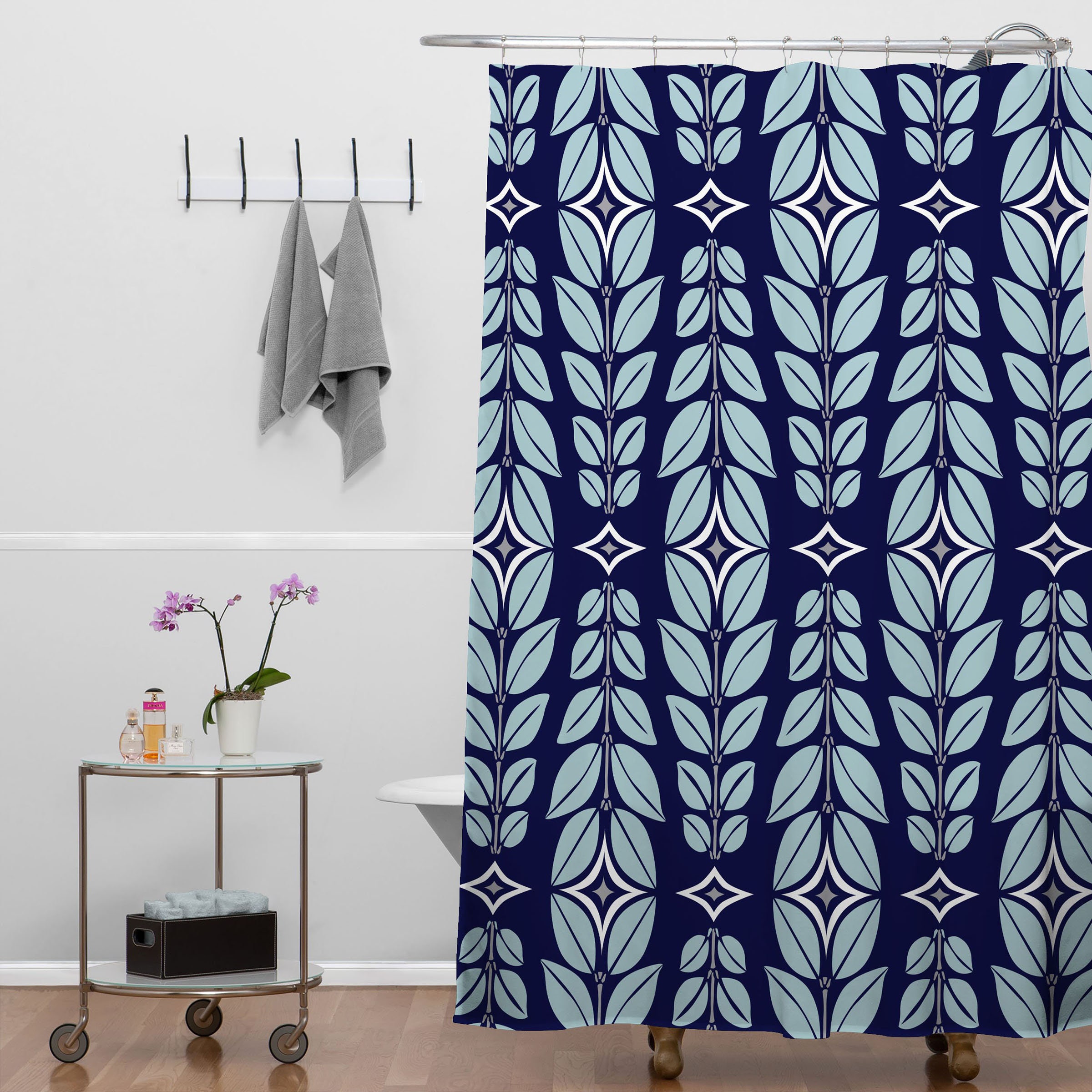 Blue Retro Mid Century Shower Curtain, Geometric Design, Fabric Bathroom Decor - Image 2