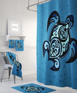 Blue Sea Turtle Shower Curtain with Nautical Bathroom Decor, Turtle Towels, and Bath Mat