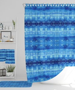Blue Shibori Boho Shower Curtain Optional Bath Mat and Towels with Restroom Shower Curtains Print