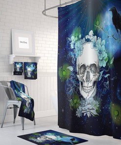 Blue Skull Shower Curtain with Floral Bath Accessories