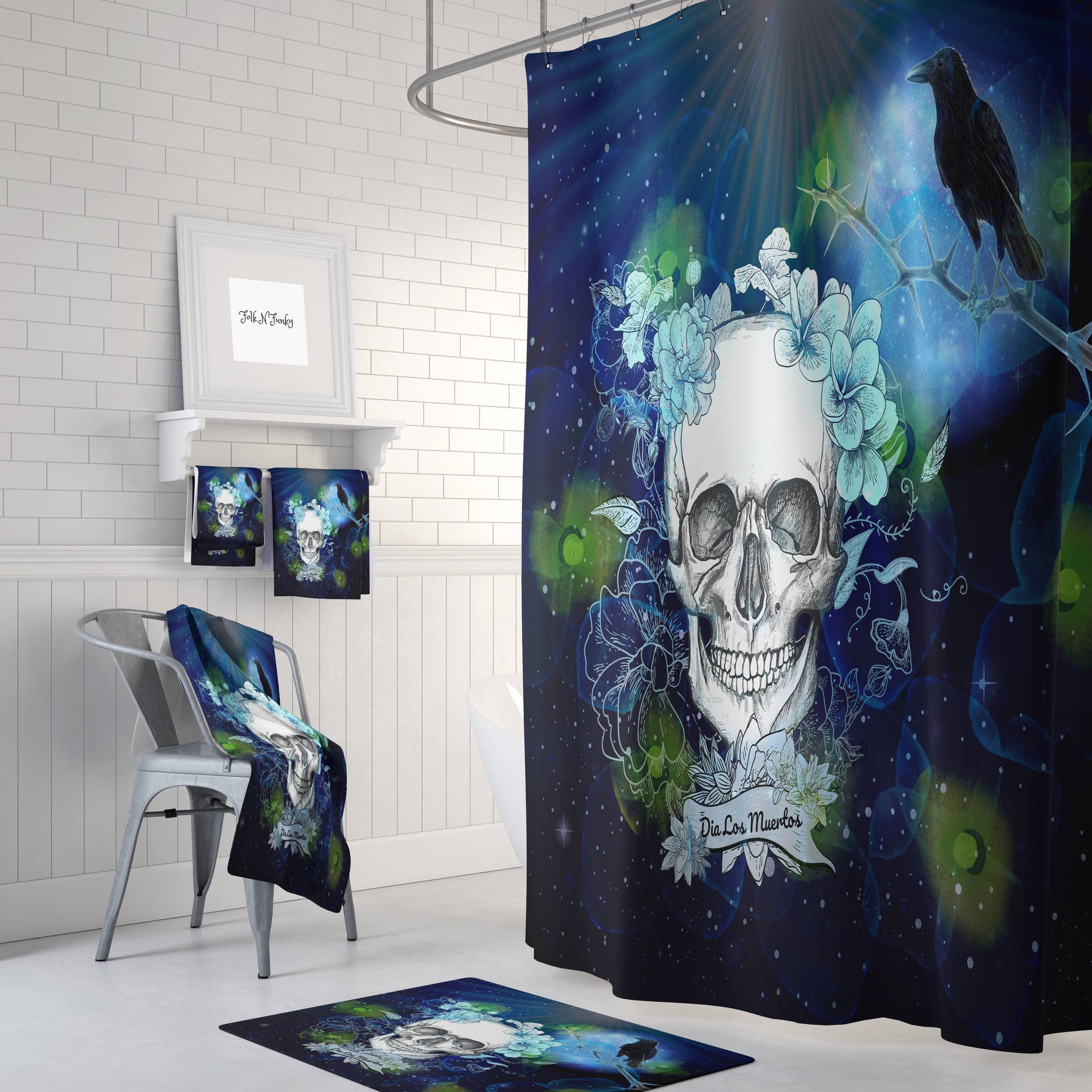 Blue Skull Shower Curtain with Floral Bath Accessories