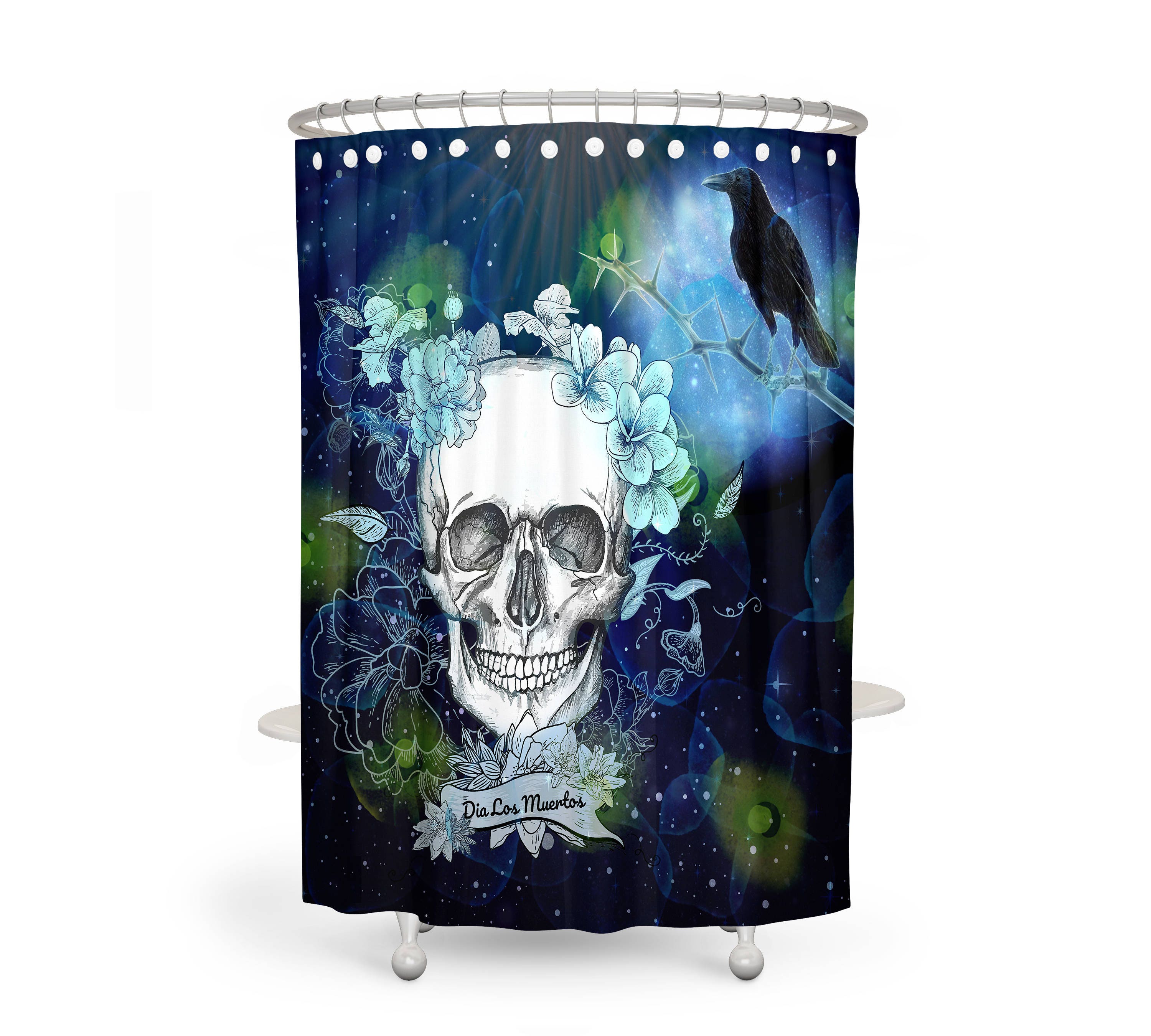 Blue Skull Shower Curtain with Floral Bath Accessories - Image 2