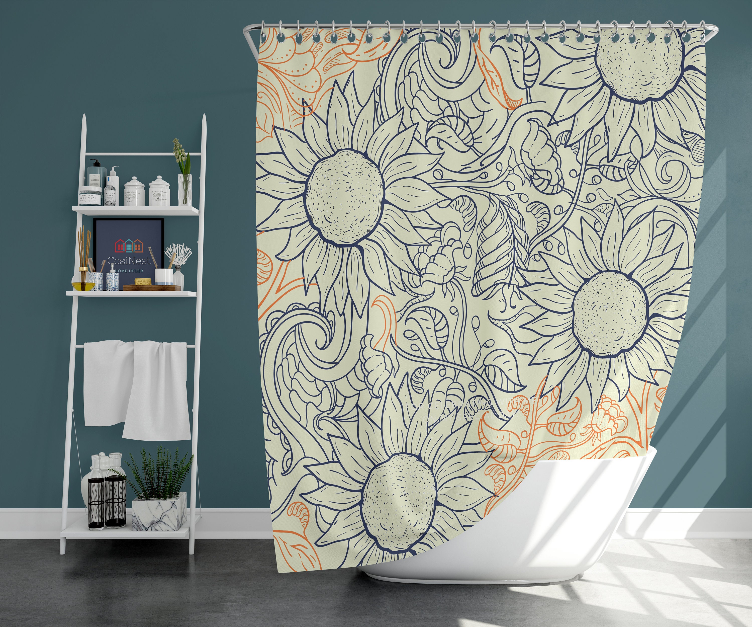 Blue Sunflower Shower Curtain | Botanical Flowers | Home Bathroom Decor | Nature Theme | House Warming Gift