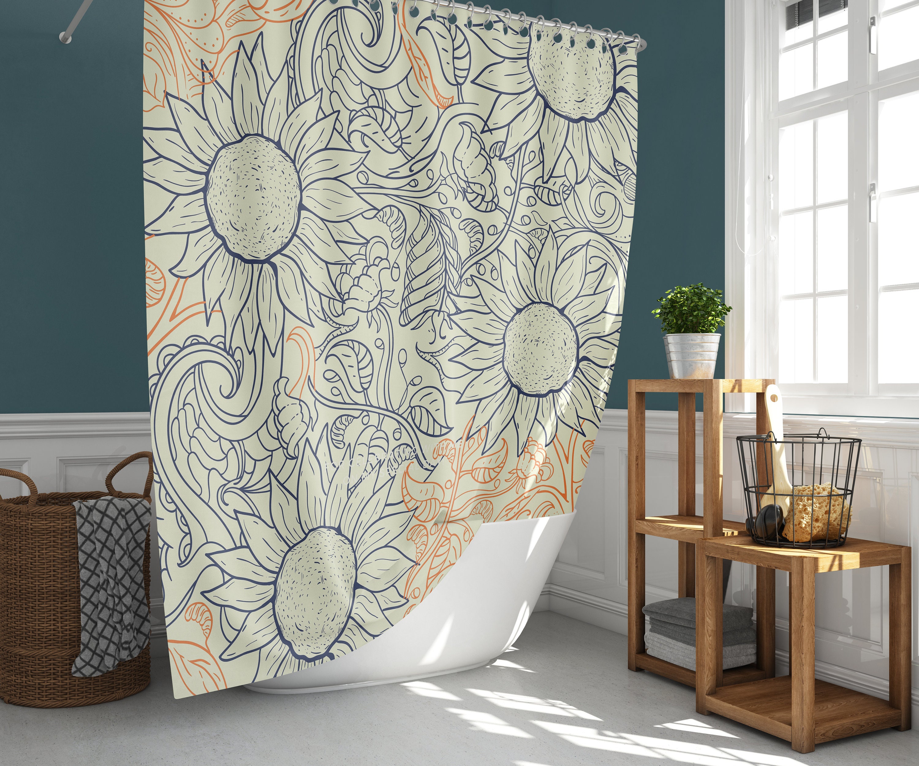 Blue Sunflower Shower Curtain | Botanical Flowers | Home Bathroom Decor | Nature Theme | House Warming Gift - Image 2