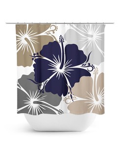 Blue Taupe Gray Hibiscus Shower Curtain, Floral Shower Curtain Art for Blue Bathroom Decor with Quotes