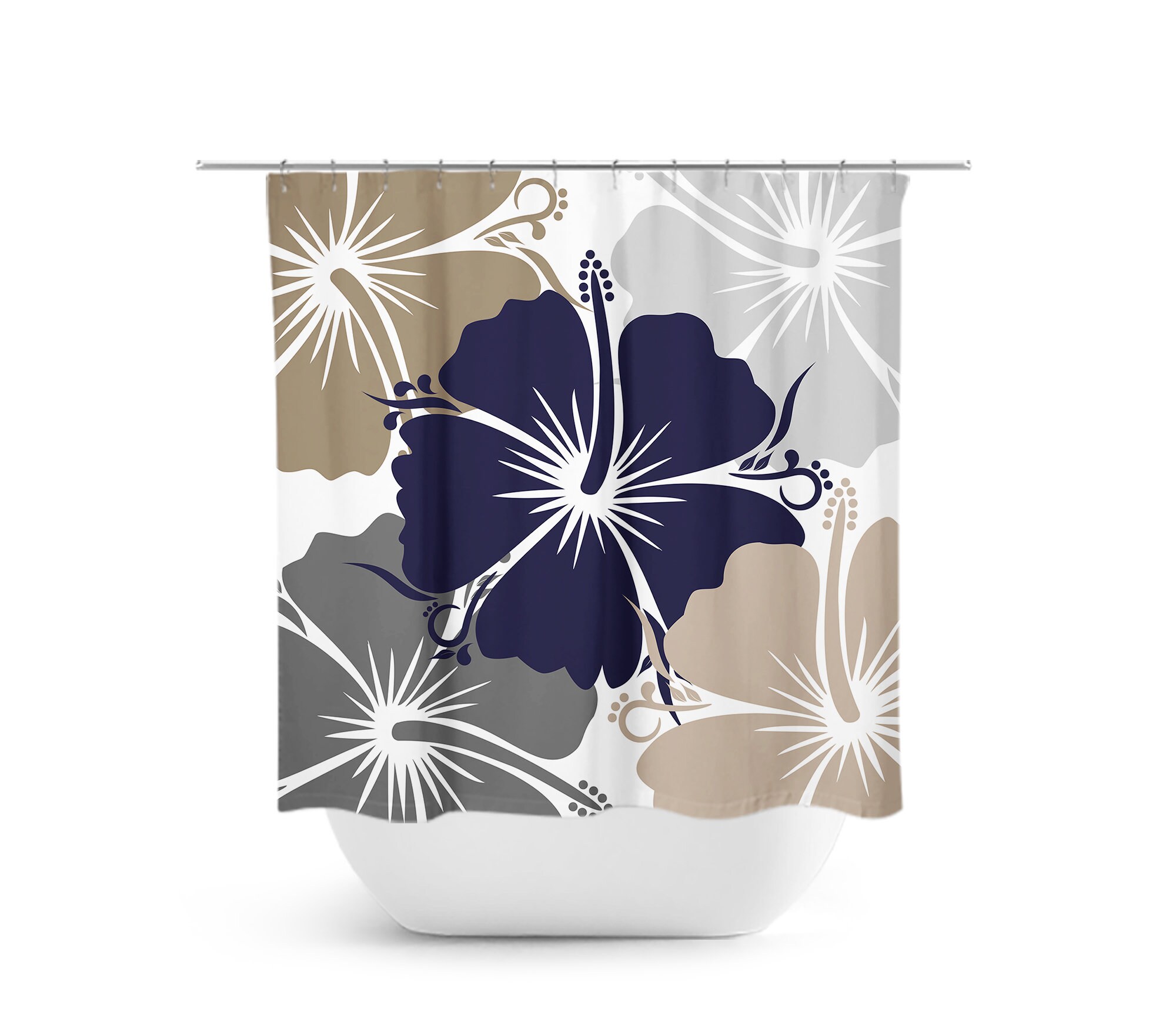 Blue Taupe Gray Hibiscus Shower Curtain, Floral Shower Curtain Art for Blue Bathroom Decor with Quotes