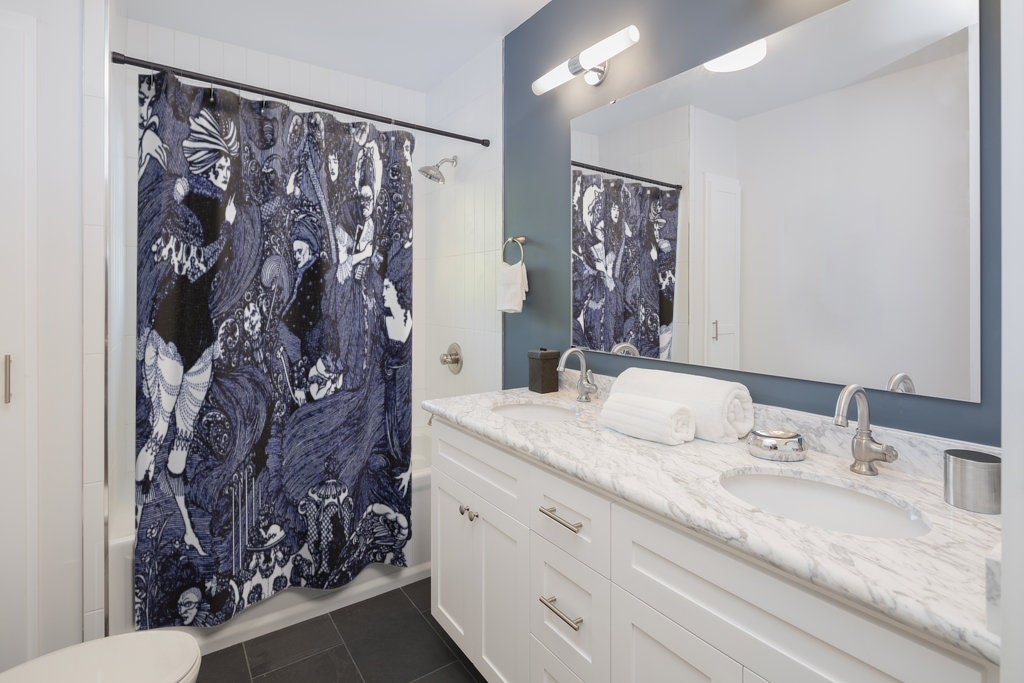 Blue Tint Art Nouveau Aubrey Beardsley Drawing Shower Curtain | Bathroom Decor + Quotes - Image 2