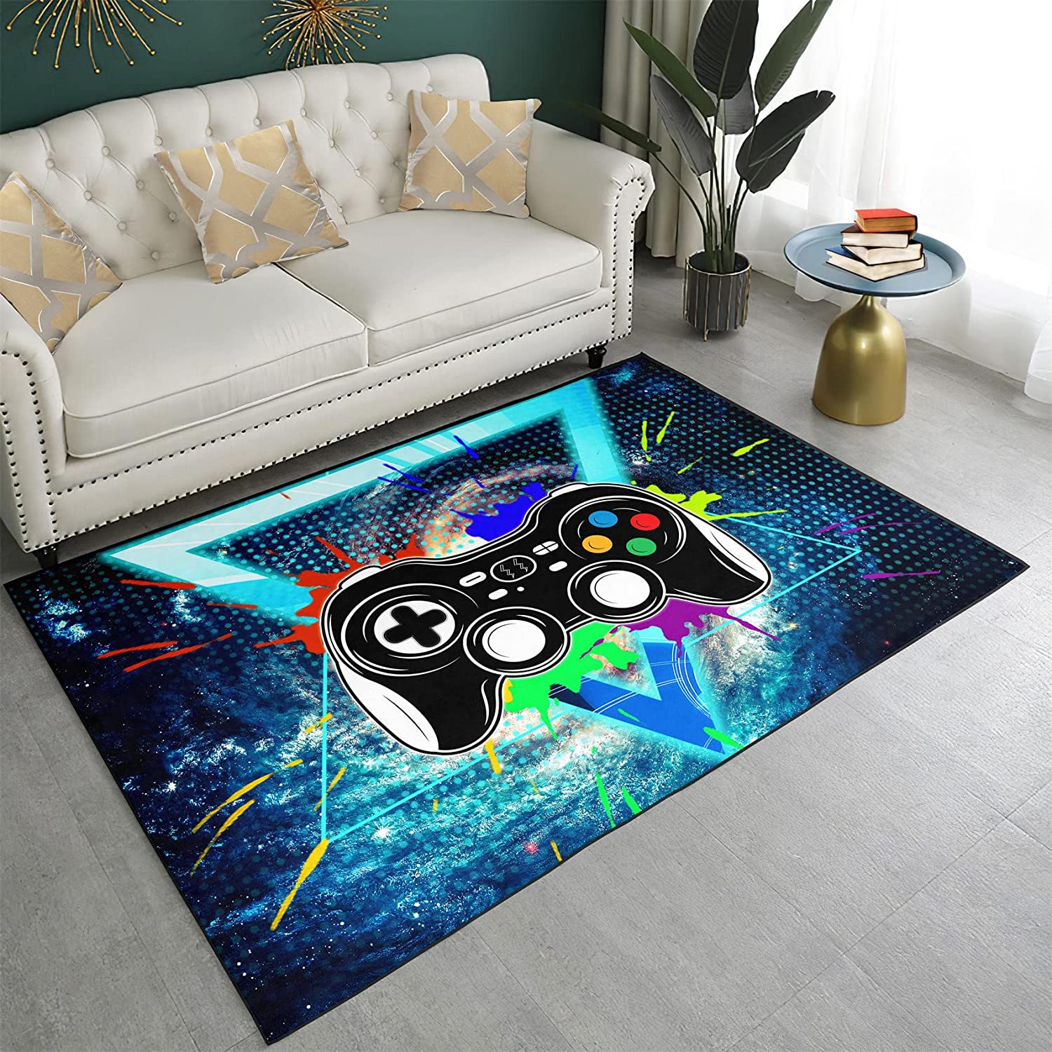 Blue Upside-Down Triangle Video Games Area Rugs - 3D Printed Player Gamer Room Decor Floor Mat - Great for Active Play