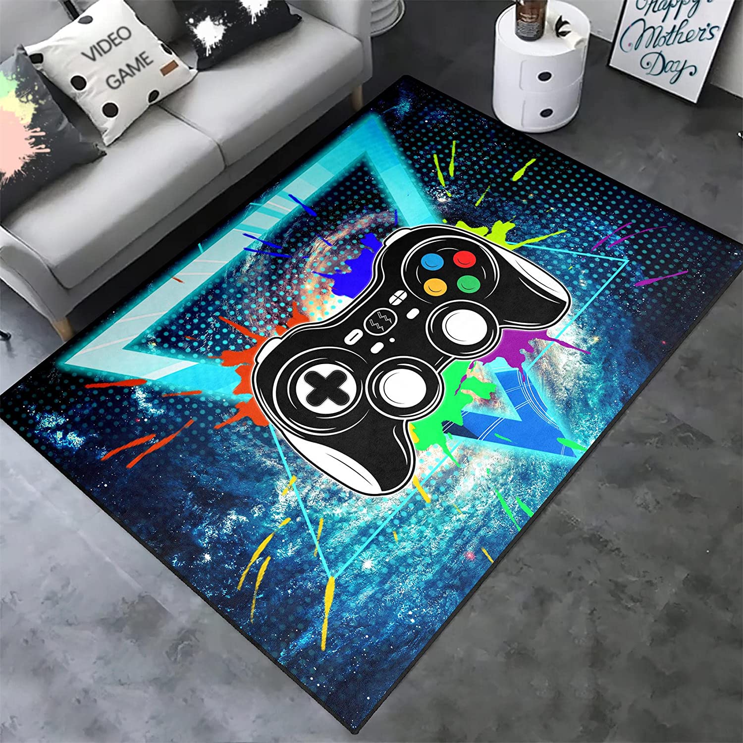 Blue Upside-Down Triangle Video Games Area Rugs - 3D Printed Player Gamer Room Decor Floor Mat - Great for Active Play - Image 3